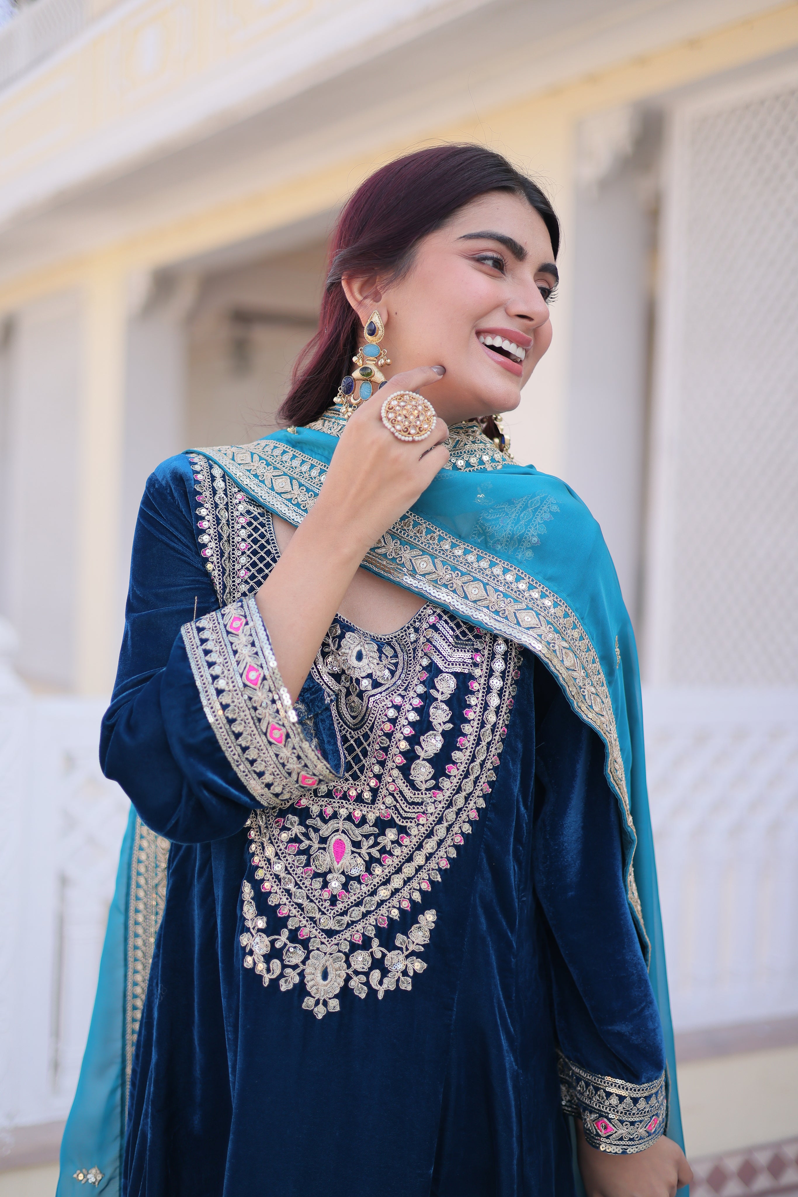 Arusha Teal Blue Velvet Sequins Zari Coding Thread Embroidered Kurti Set