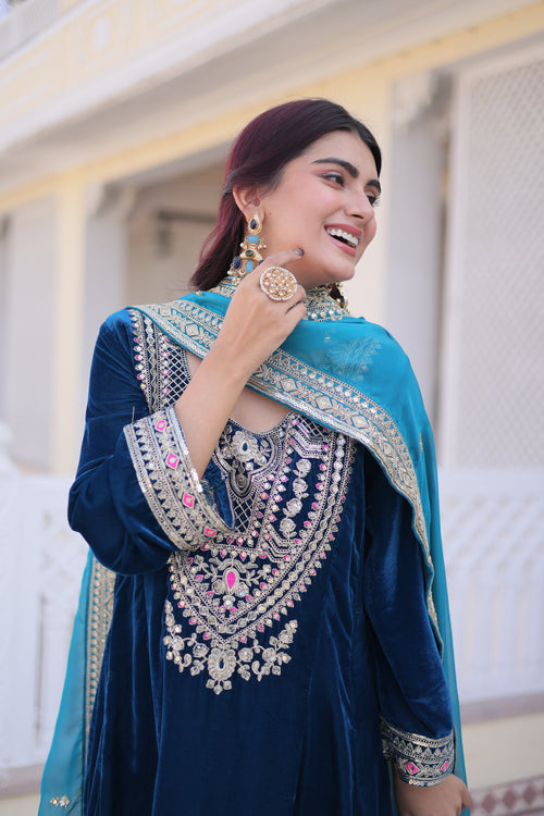 Arusha teal blue velvet kurti set with sequins zari coding thread embroidery