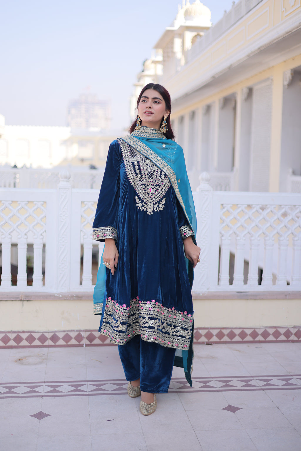 Arusha Teal Blue Velvet Sequins Zari Coding Thread Embroidered Kurti Set