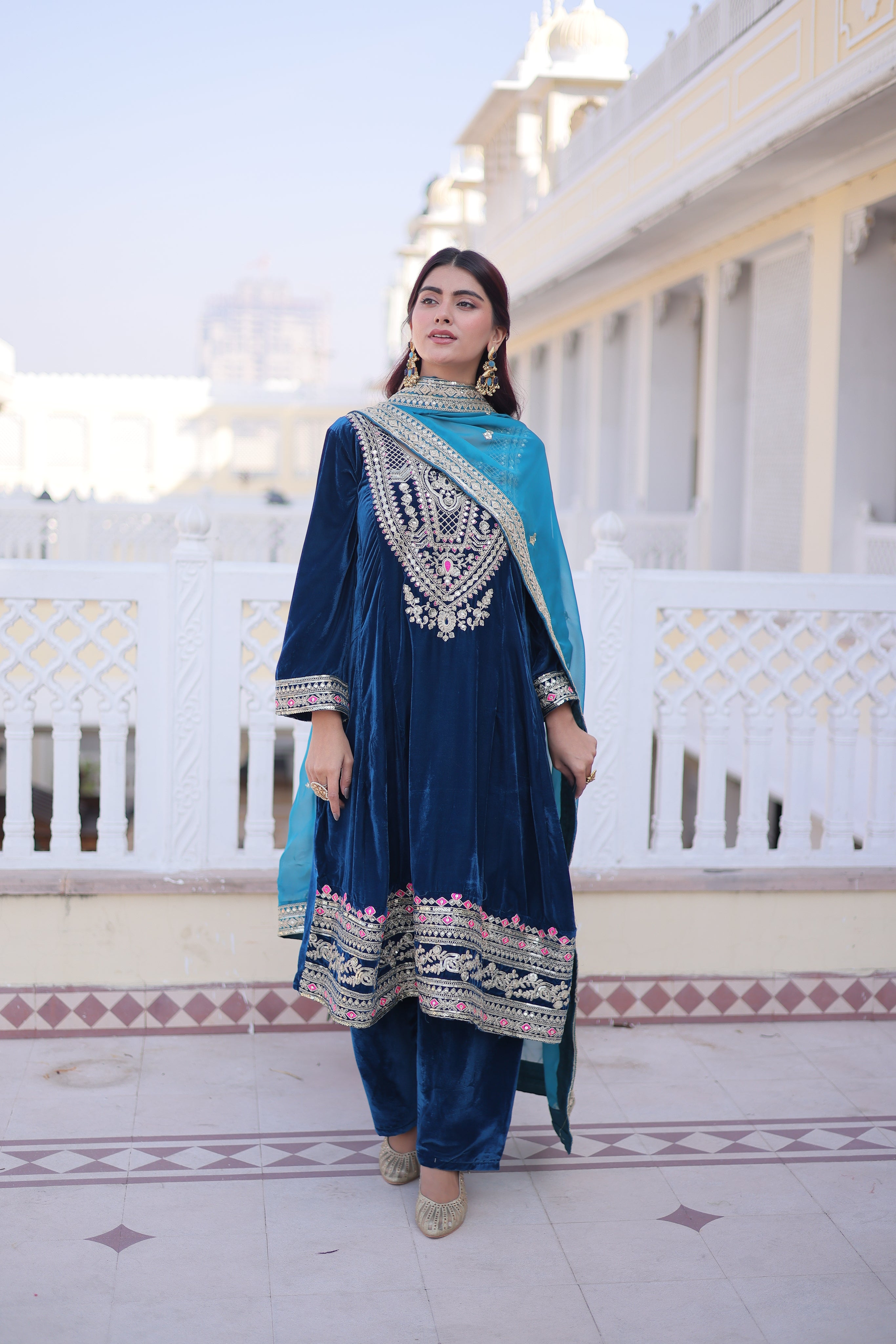 Arusha Teal Blue Velvet Sequins Zari Coding Thread Embroidered Kurti Set