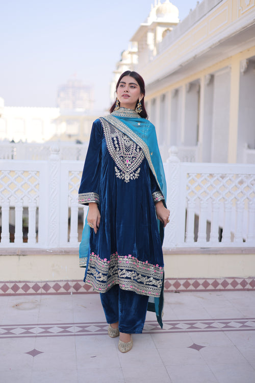 Arusha teal blue velvet kurti set with sequins zari coding thread embroidery