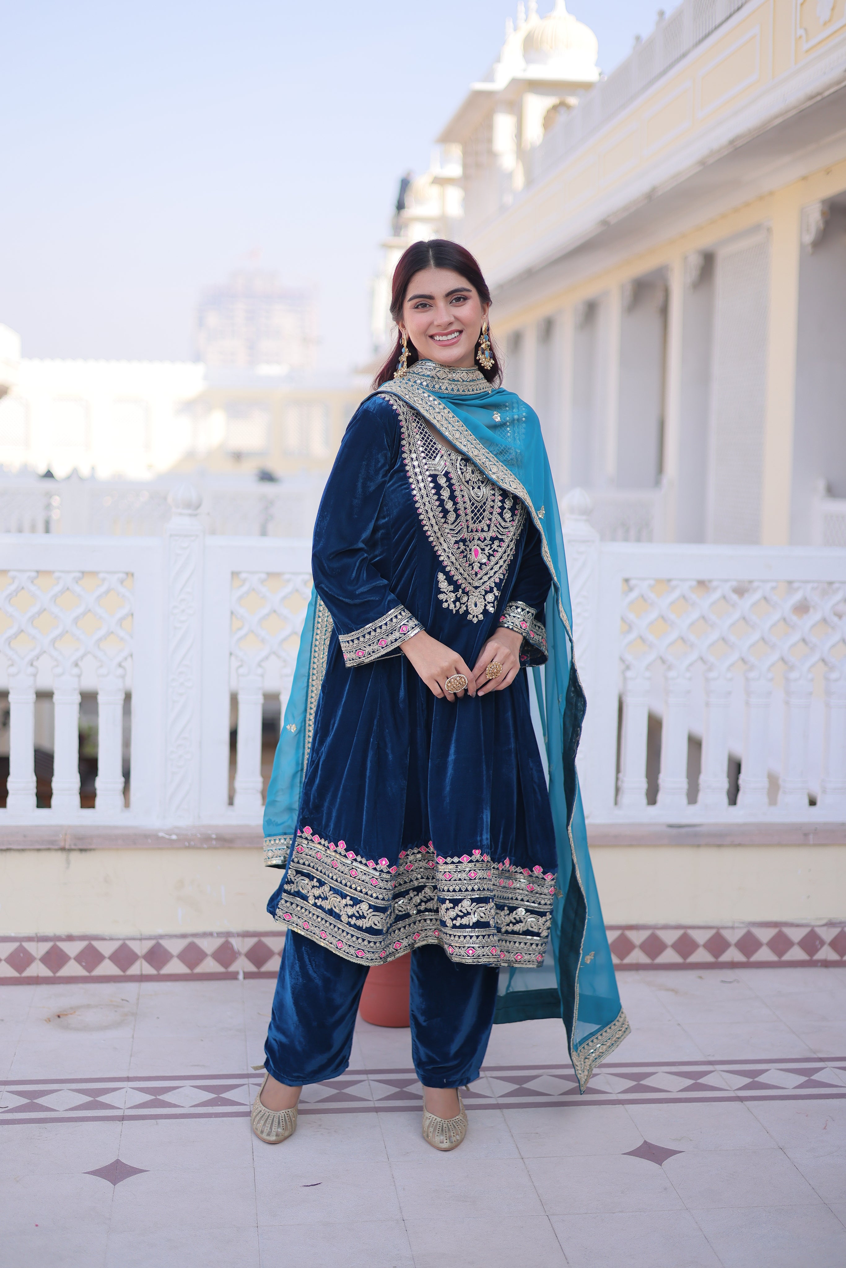 Arusha Teal Blue Velvet Sequins Zari Coding Thread Embroidered Kurti Set