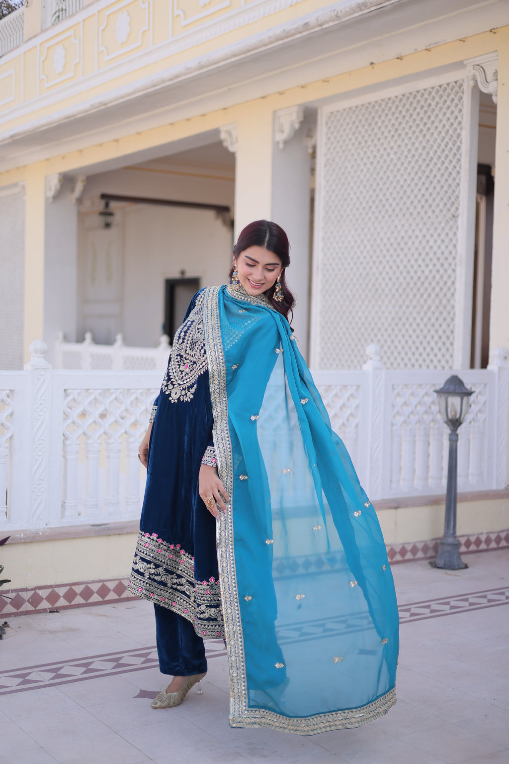 Arusha Teal Blue Velvet Sequins Zari Coding Thread Embroidered Kurti Set