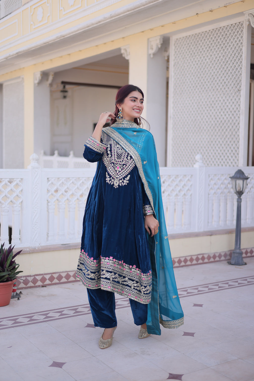 Arusha Teal Blue Velvet Sequins Zari Coding Thread Embroidered Kurti Set