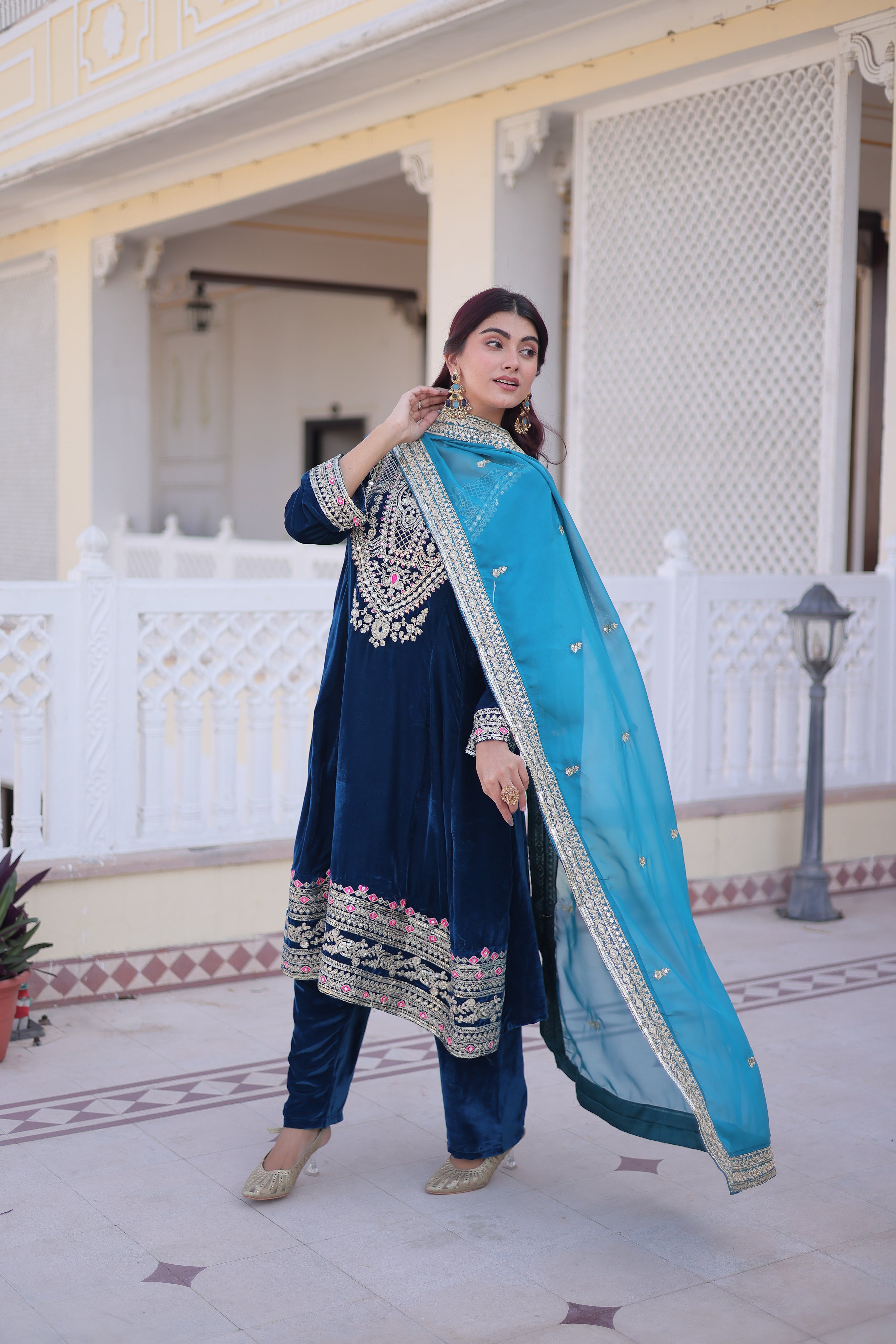 Arusha Teal Blue Velvet Sequins Zari Coding Thread Embroidered Kurti Set