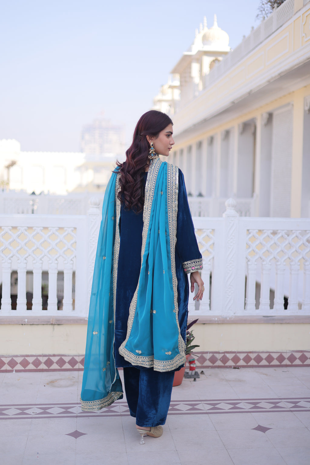 Arusha Teal Blue Velvet Sequins Zari Coding Thread Embroidered Kurti Set