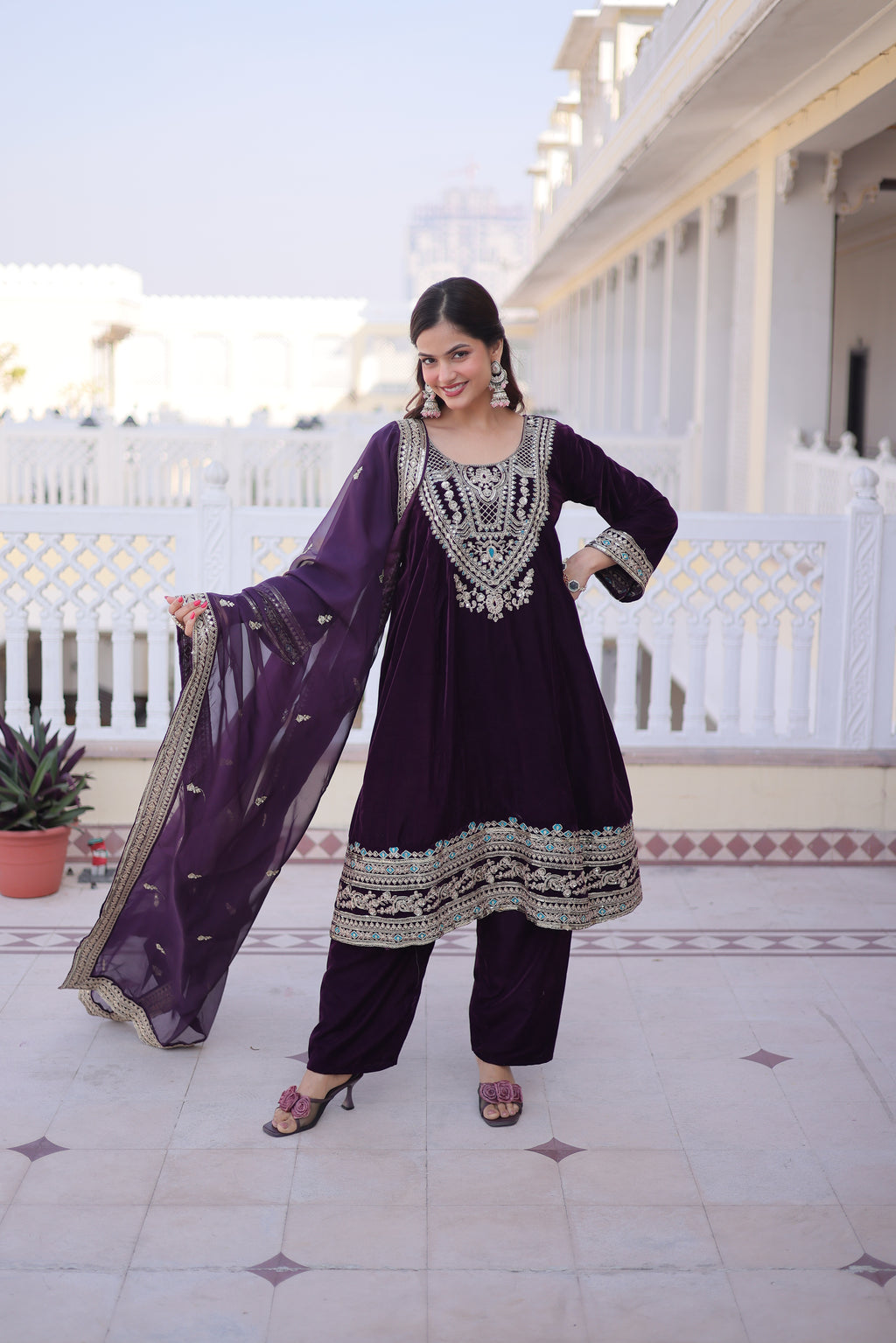 Arusha Wine Color Velvet Sequins Zari Coding Thread Embroidered Kurti Set