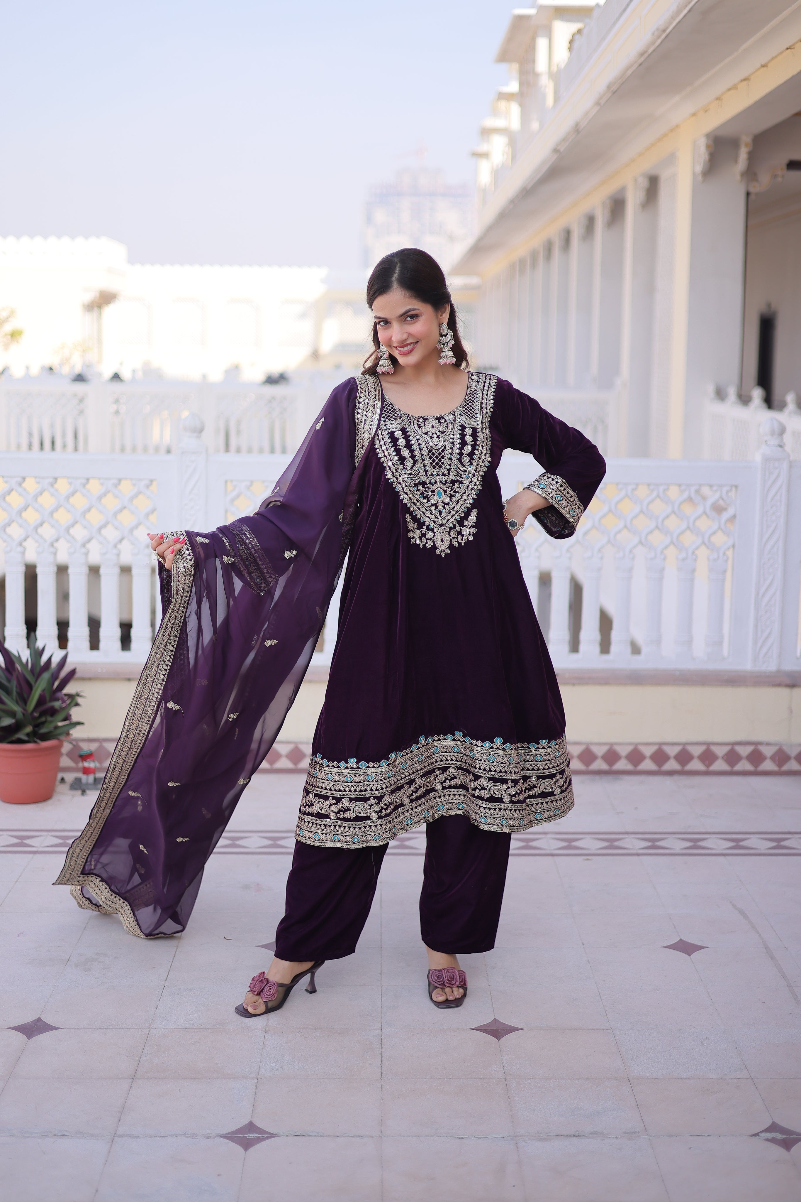 Arusha Wine Color Velvet Sequins Zari Coding Thread Embroidered Kurti Set