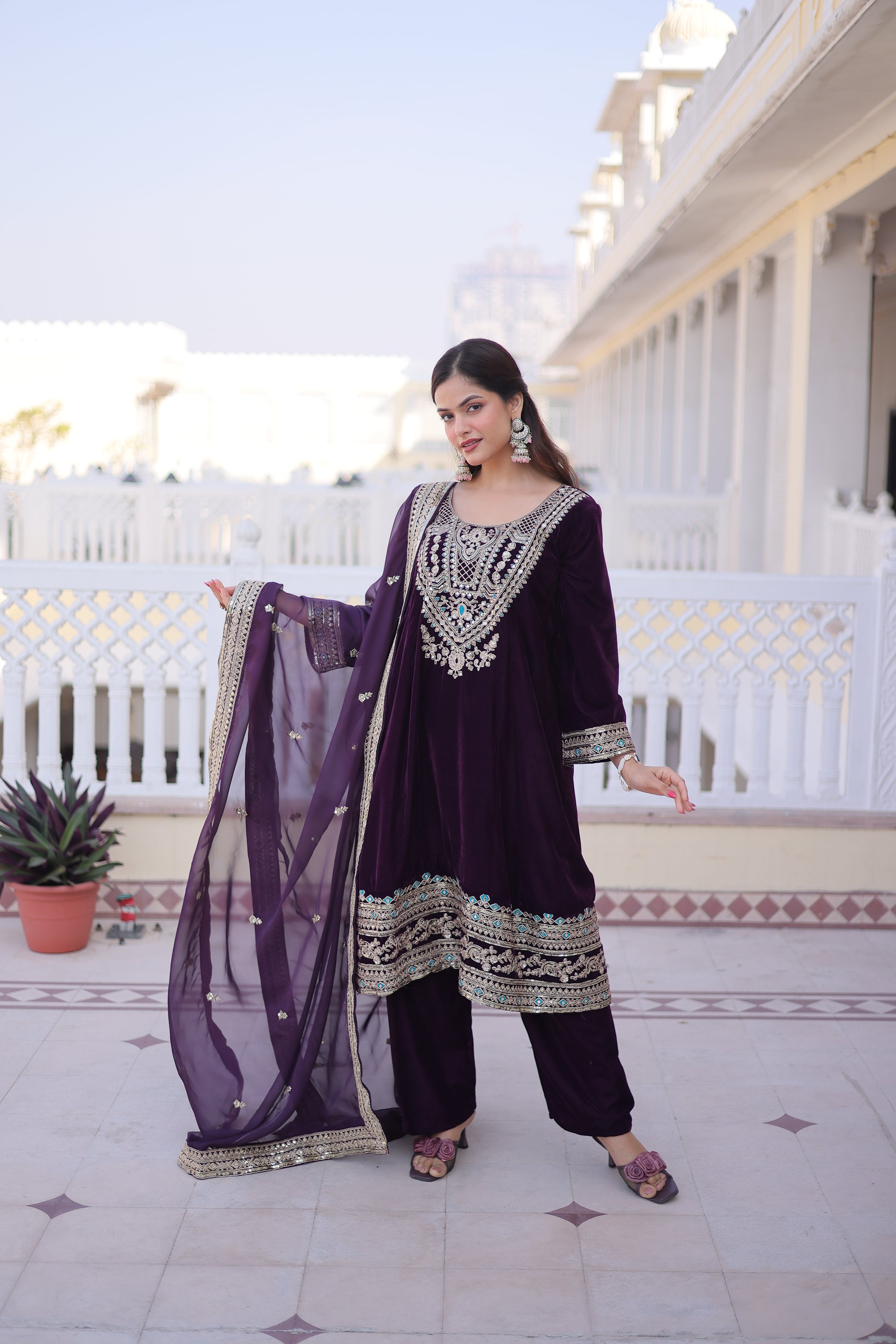 Arusha Wine Color Velvet Sequins Zari Coding Thread Embroidered Kurti Set