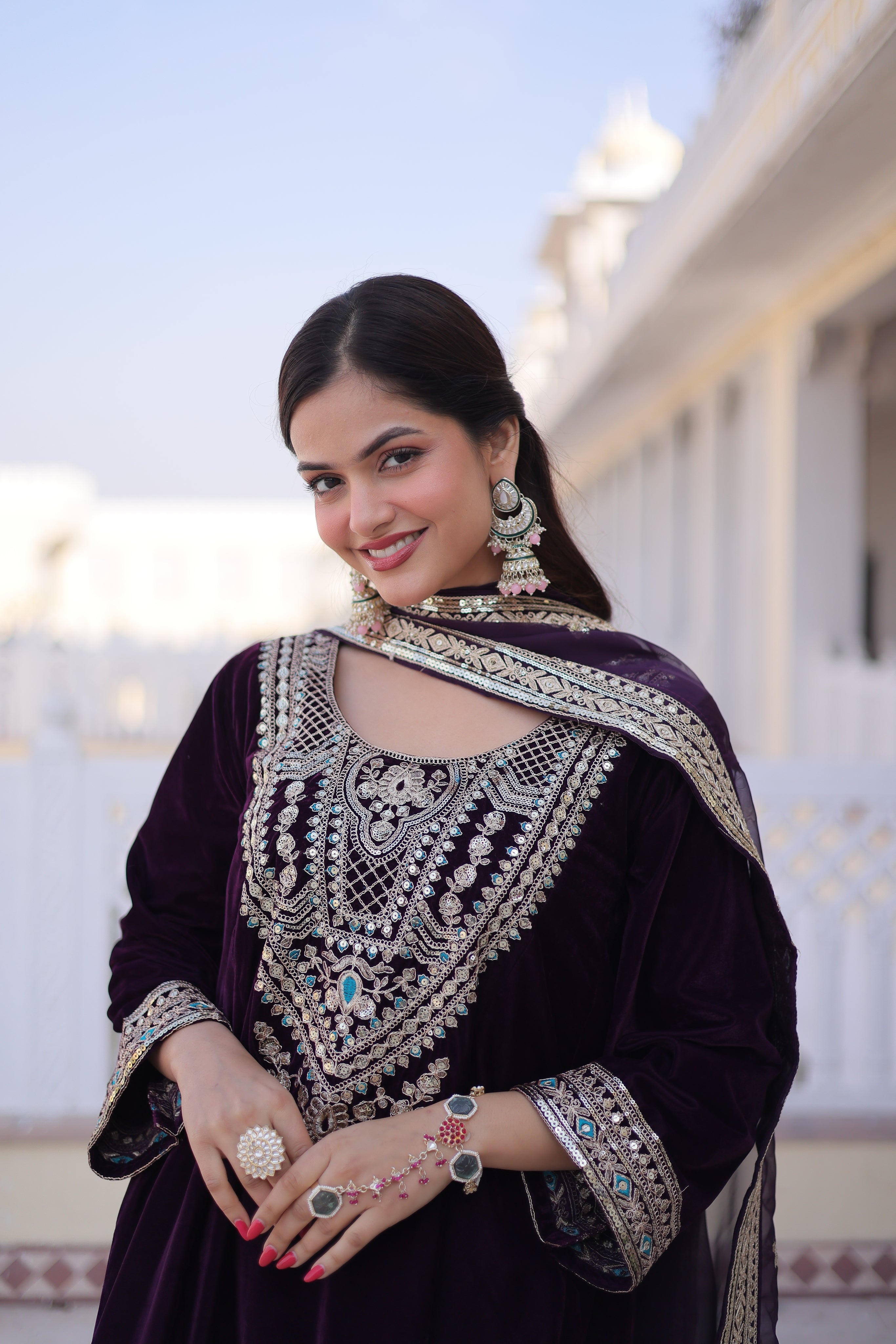 Arusha Wine Color Velvet Sequins Zari Coding Thread Embroidered Kurti Set