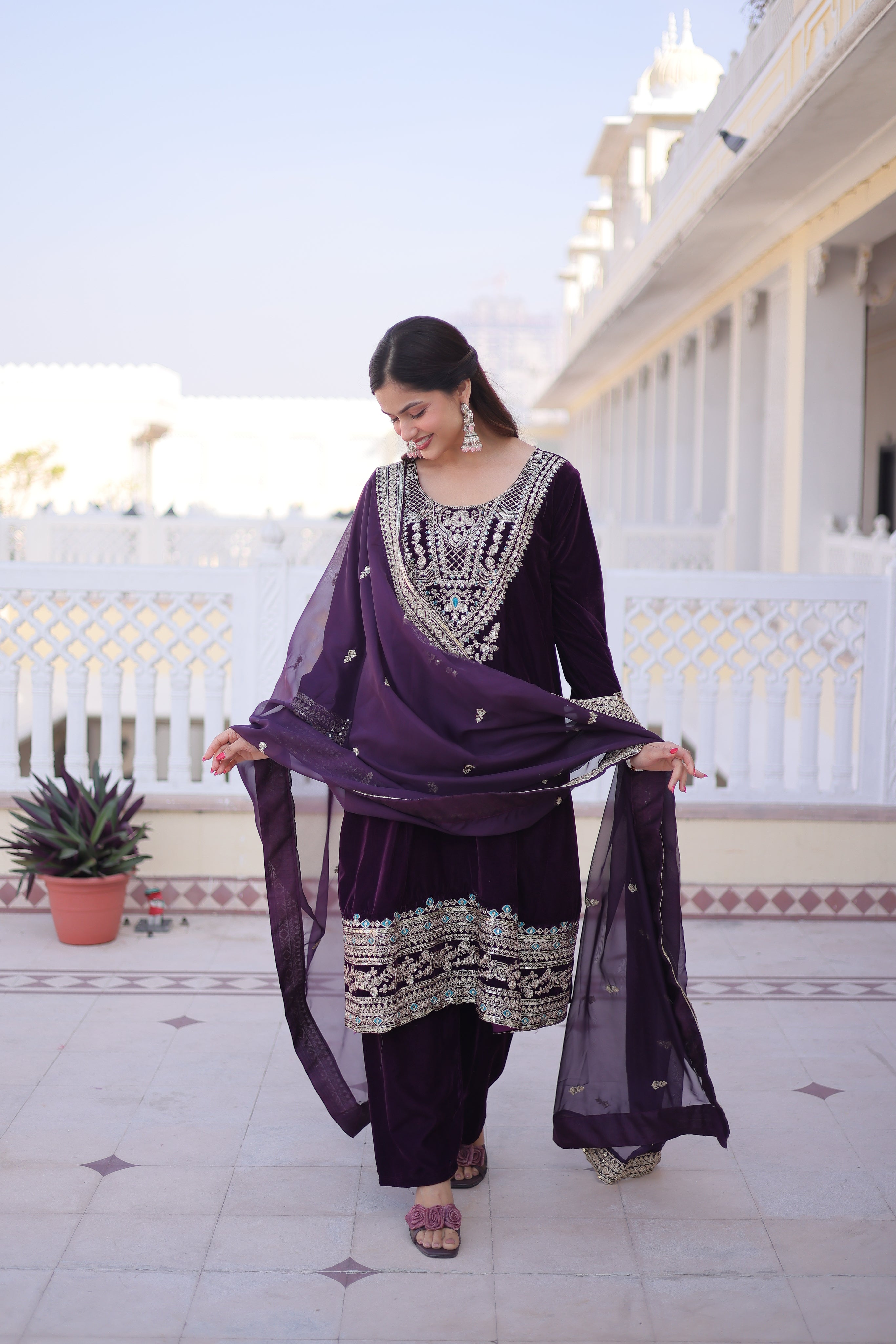 Arusha Wine Color Velvet Sequins Zari Coding Thread Embroidered Kurti Set