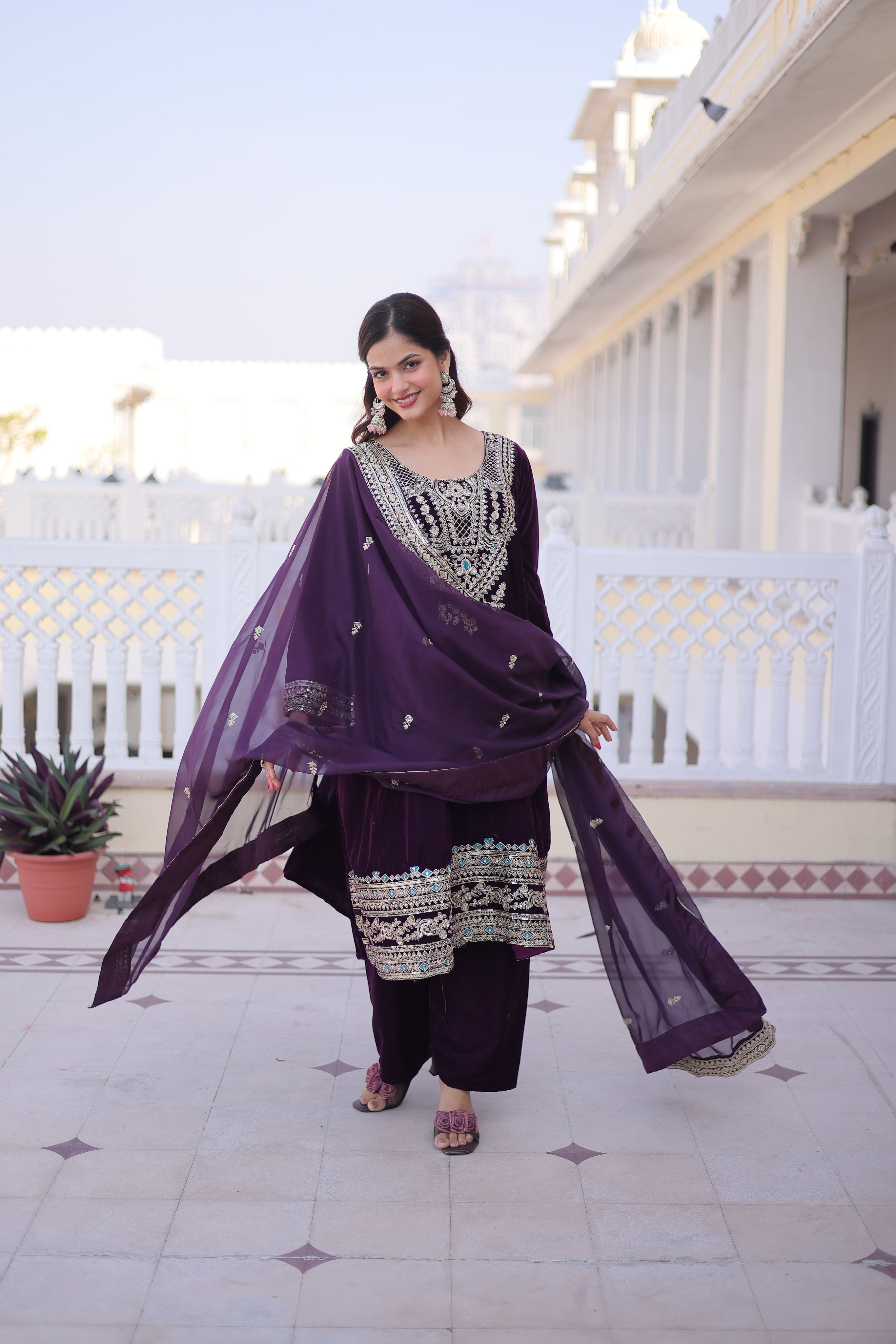 Arusha Wine Color Velvet Sequins Zari Coding Thread Embroidered Kurti Set