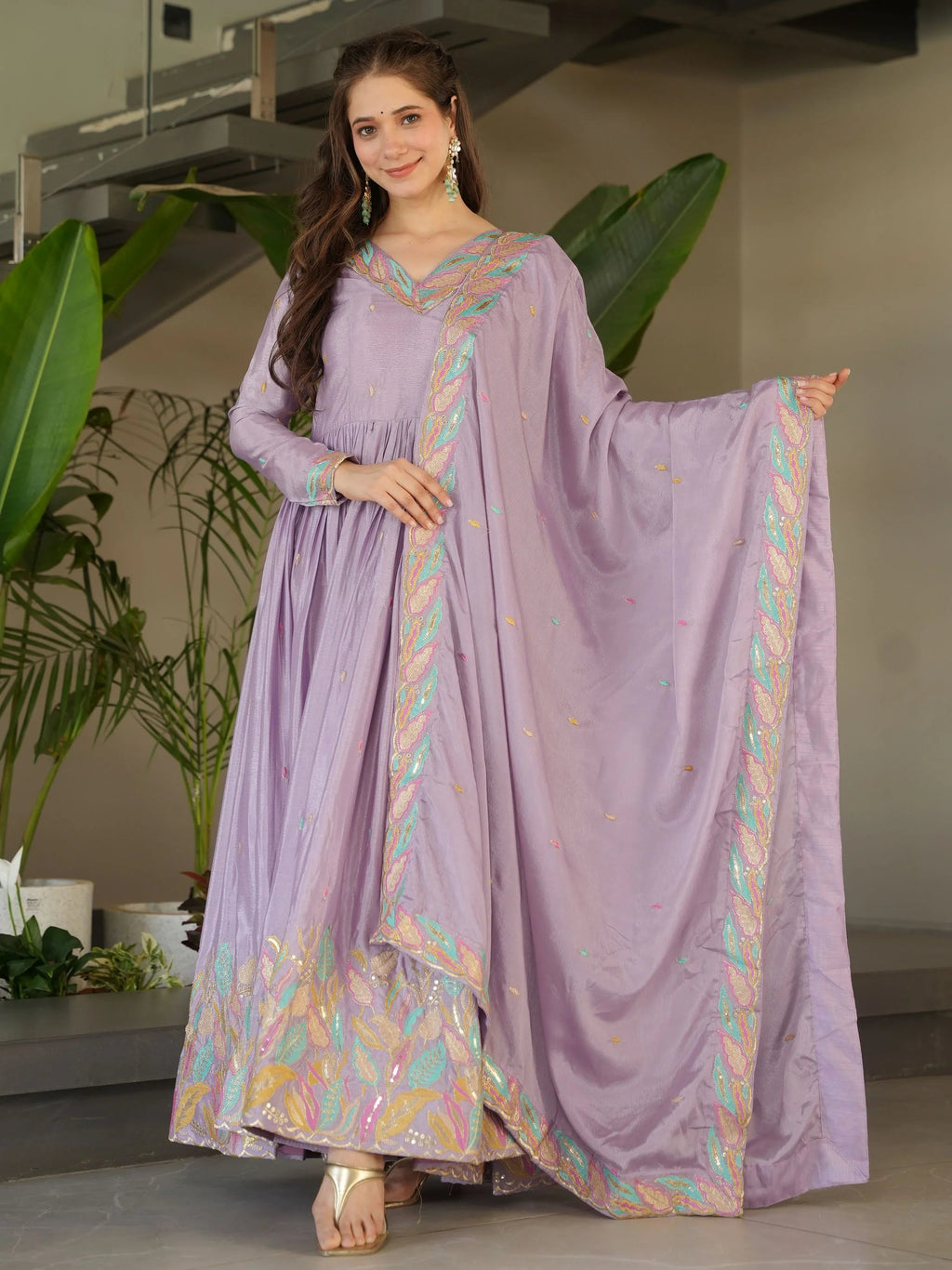 Lavender Chinnon Sequins and Multi Thread Embroidered Gown with Dupatta