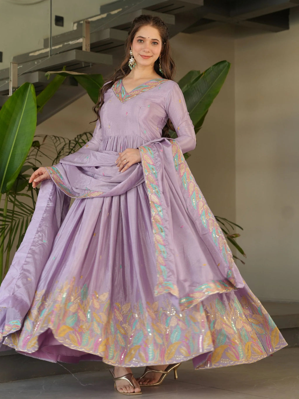 Lavender Chinnon Sequins and Multi Thread Embroidered Gown with Dupatta