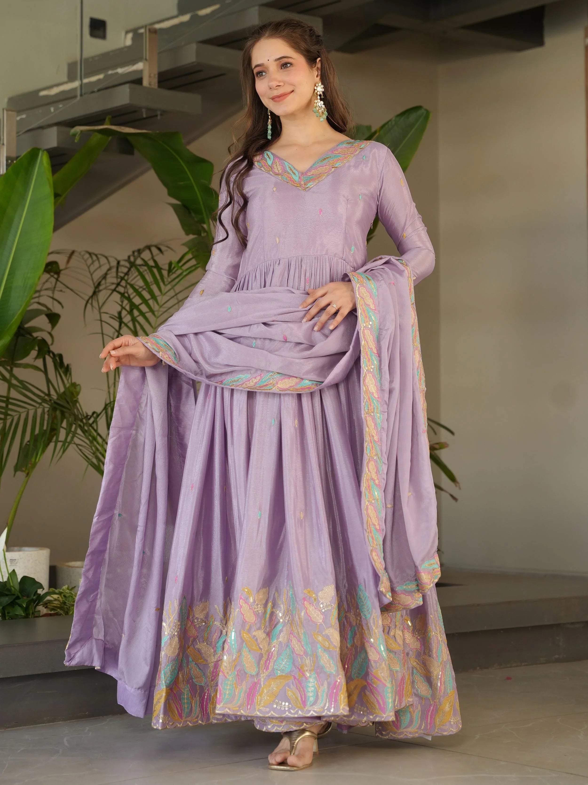 Lavender Chinnon Sequins and Multi Thread Embroidered Gown with Dupatta