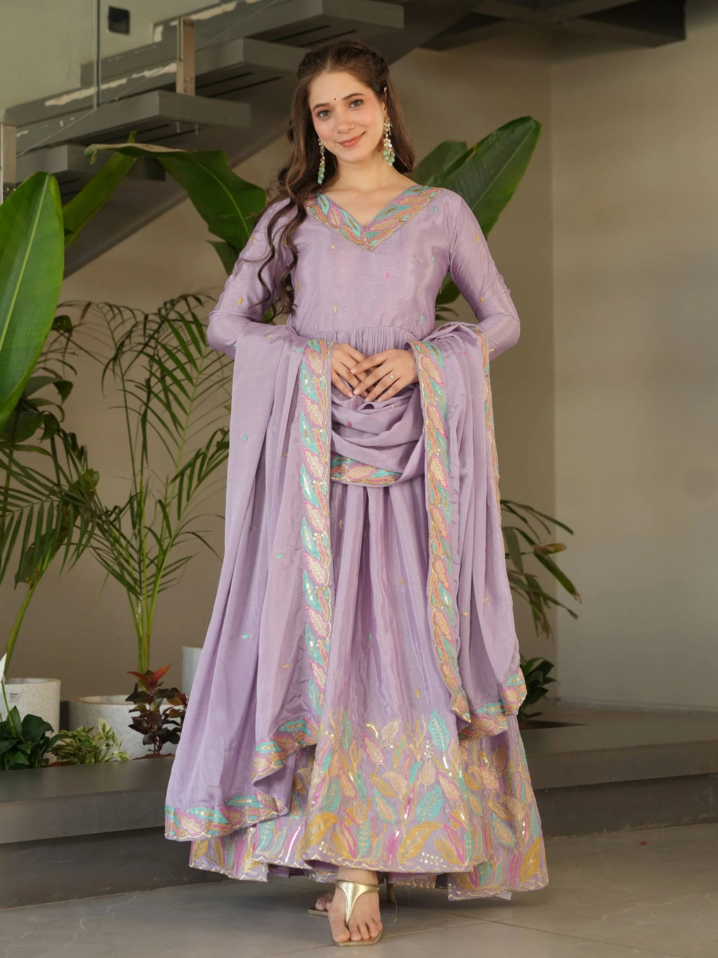 Lavender Chinnon Sequins and Multi Thread Embroidered Gown with Dupatta
