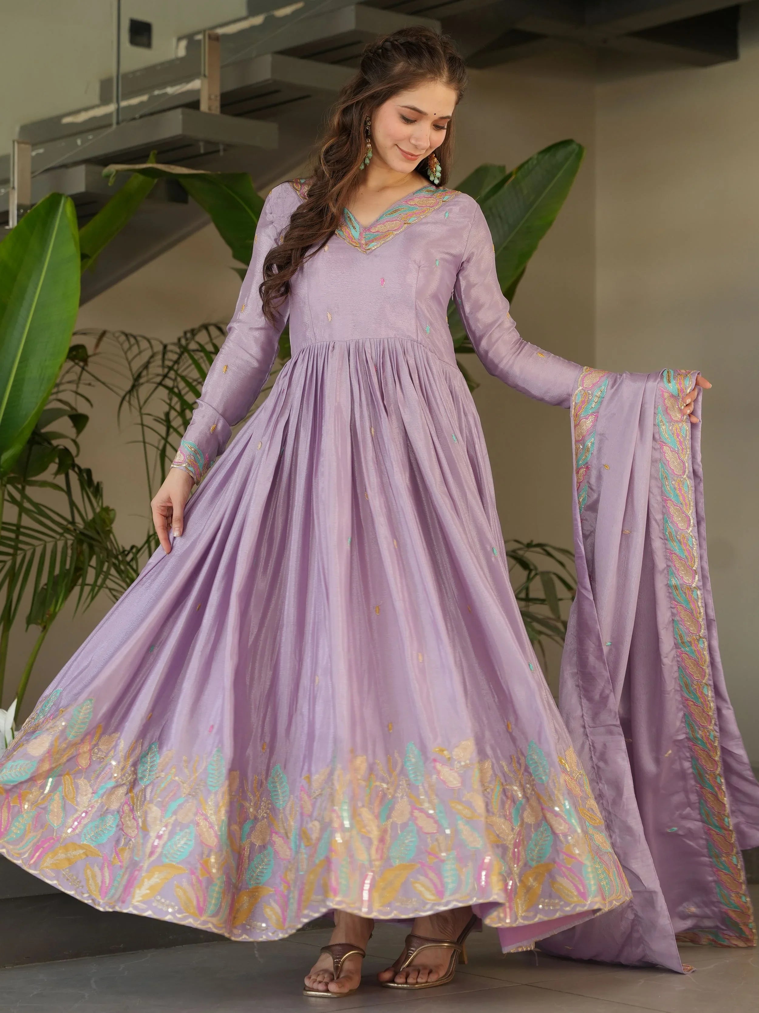 Lavender Chinnon Sequins and Multi Thread Embroidered Gown with Dupatta