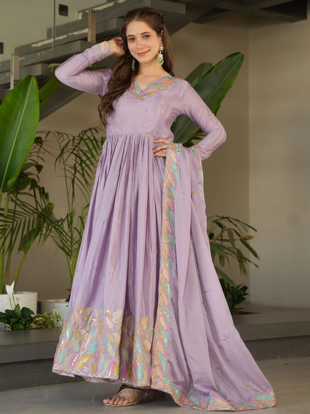 Lavender Chinnon Sequins and Multi Thread Embroidered Gown with Dupatta