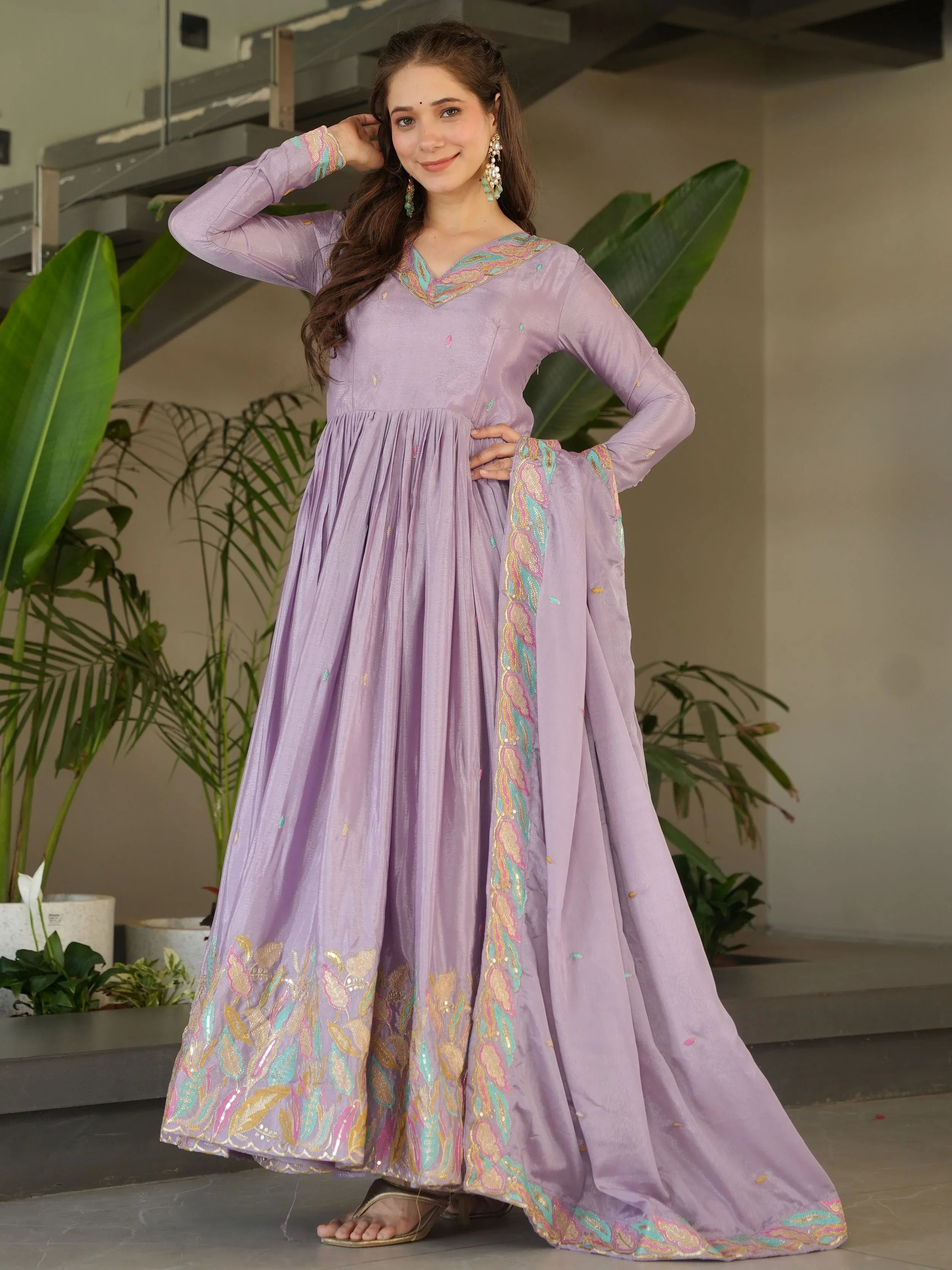 Lavender Chinnon Sequins and Multi Thread Embroidered Gown with Dupatta