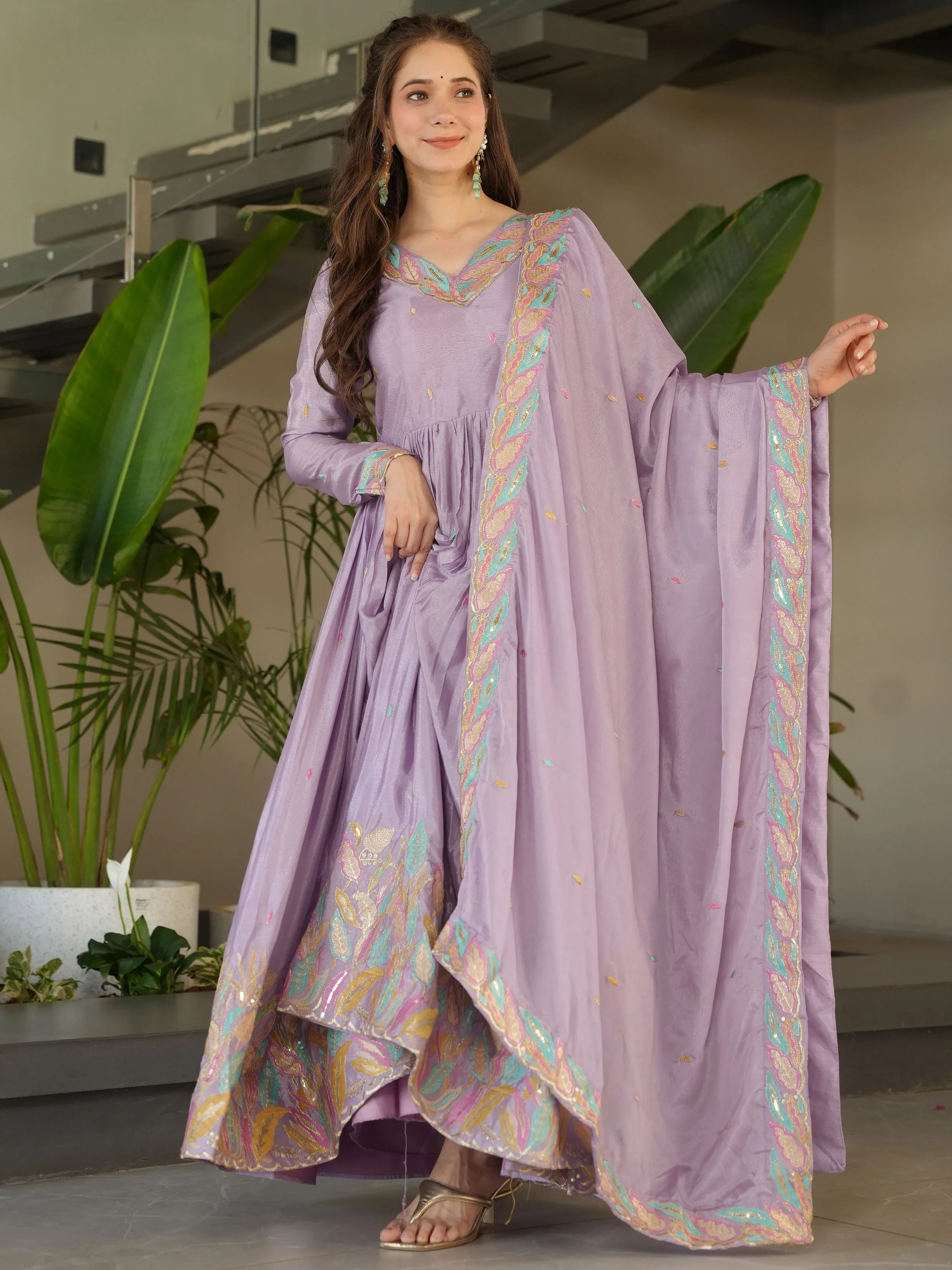 Lavender Chinnon Sequins and Multi Thread Embroidered Gown with Dupatta