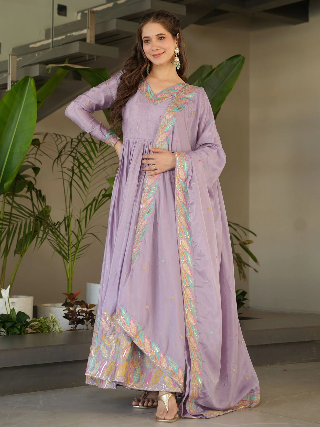 Lavender Chinnon Sequins and Multi Thread Embroidered Gown with Dupatta