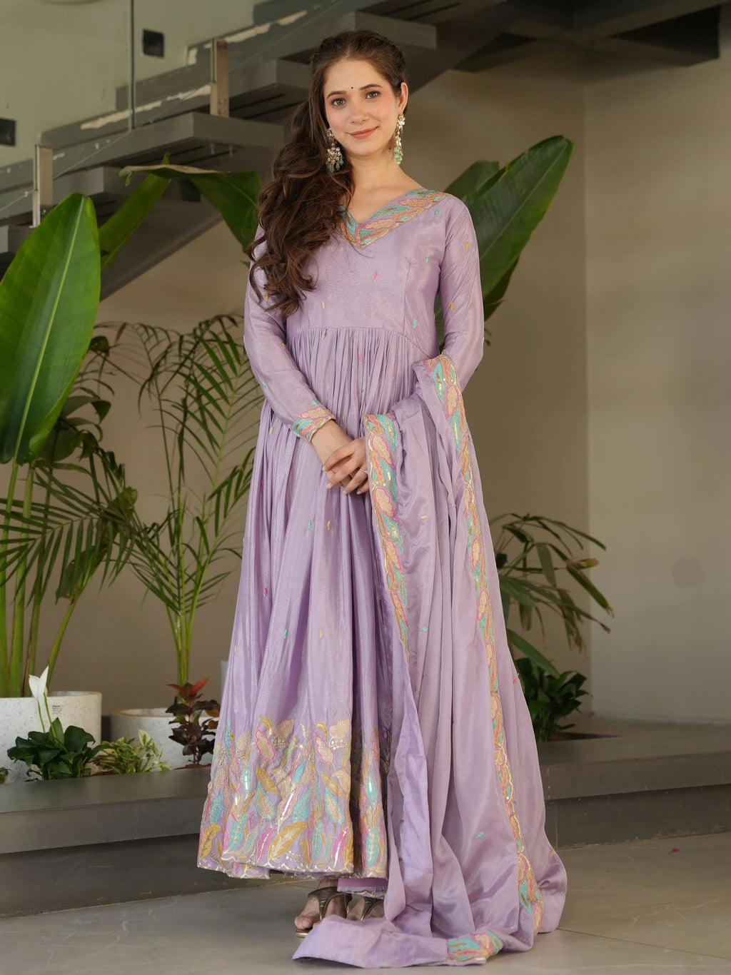 Lavender Chinnon Sequins and Multi Thread Embroidered Gown with Dupatta
