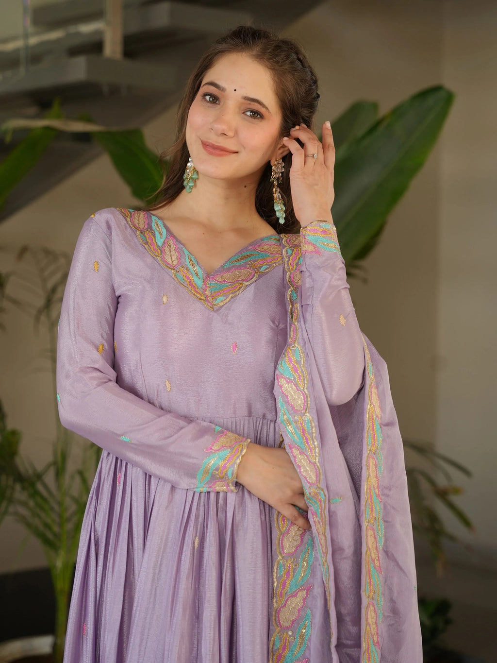 Lavender Chinnon Sequins and Multi Thread Embroidered Gown with Dupatta