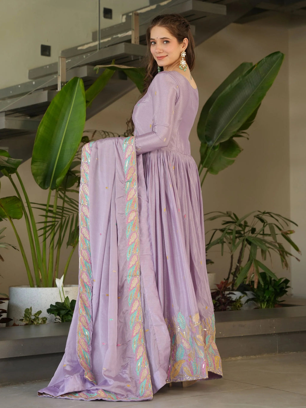 Lavender Chinnon Sequins and Multi Thread Embroidered Gown with Dupatta