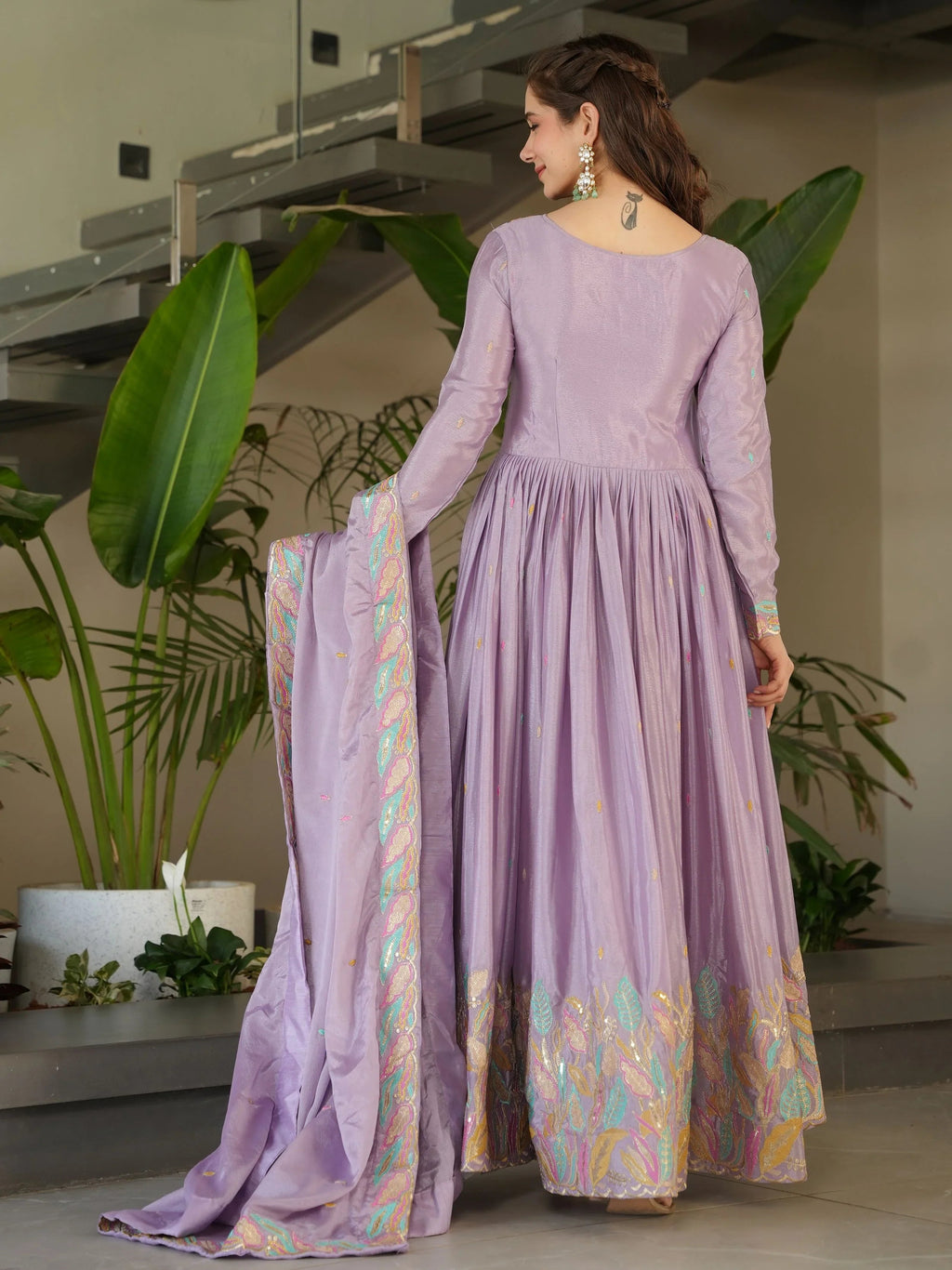 Lavender Chinnon Sequins and Multi Thread Embroidered Gown with Dupatta