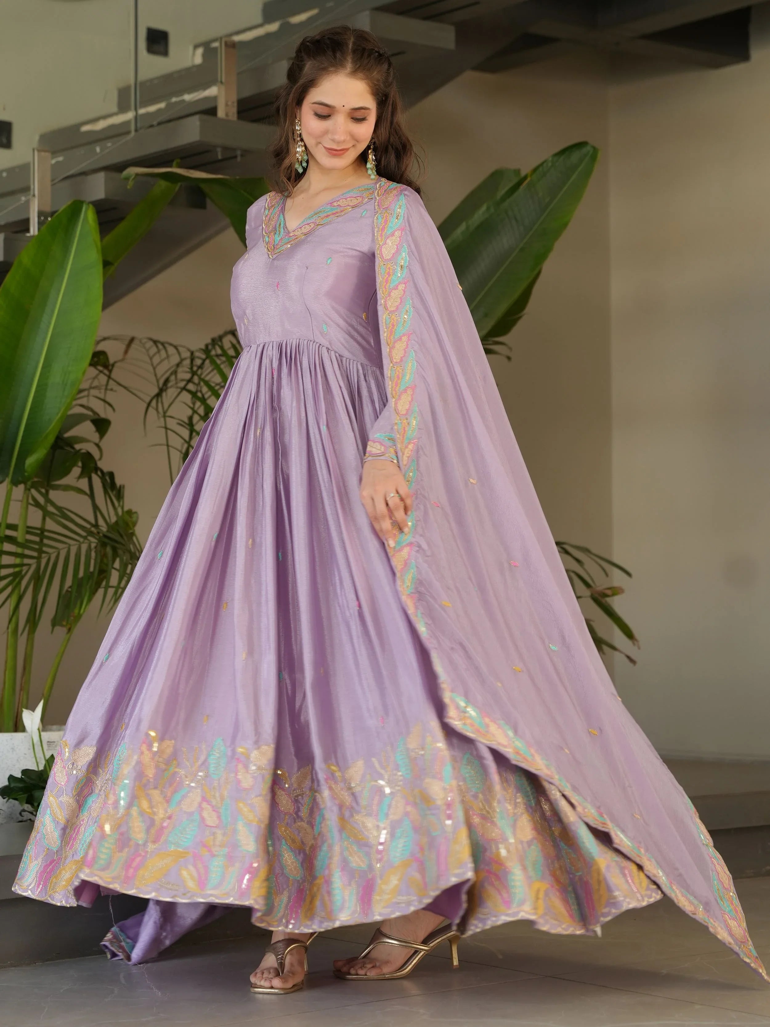 Lavender Chinnon Sequins and Multi Thread Embroidered Gown with Dupatta