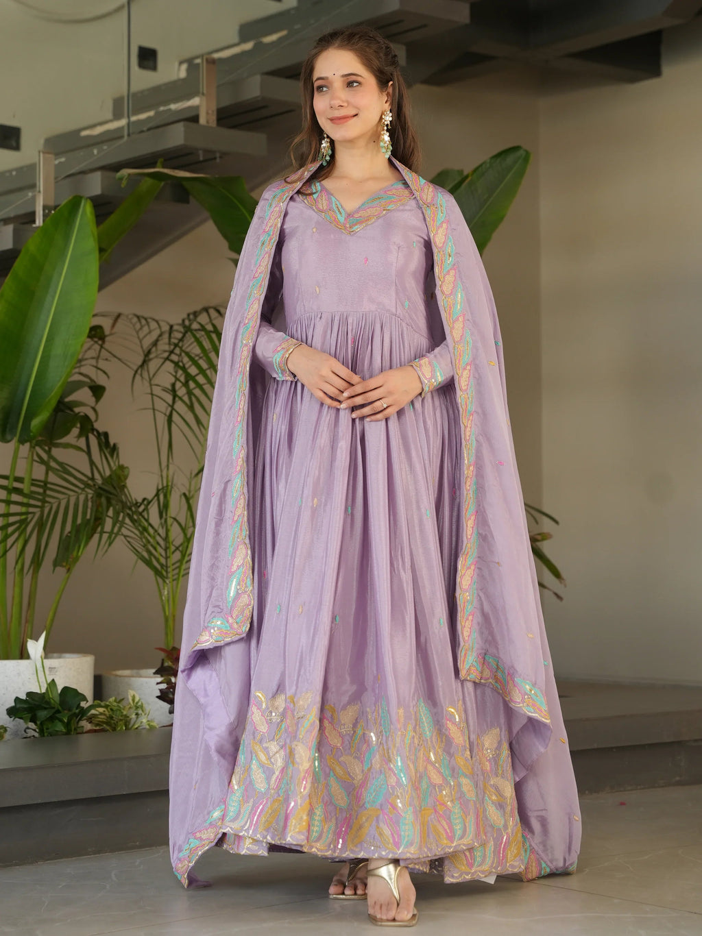 Lavender Chinnon Sequins and Multi Thread Embroidered Gown with Dupatta