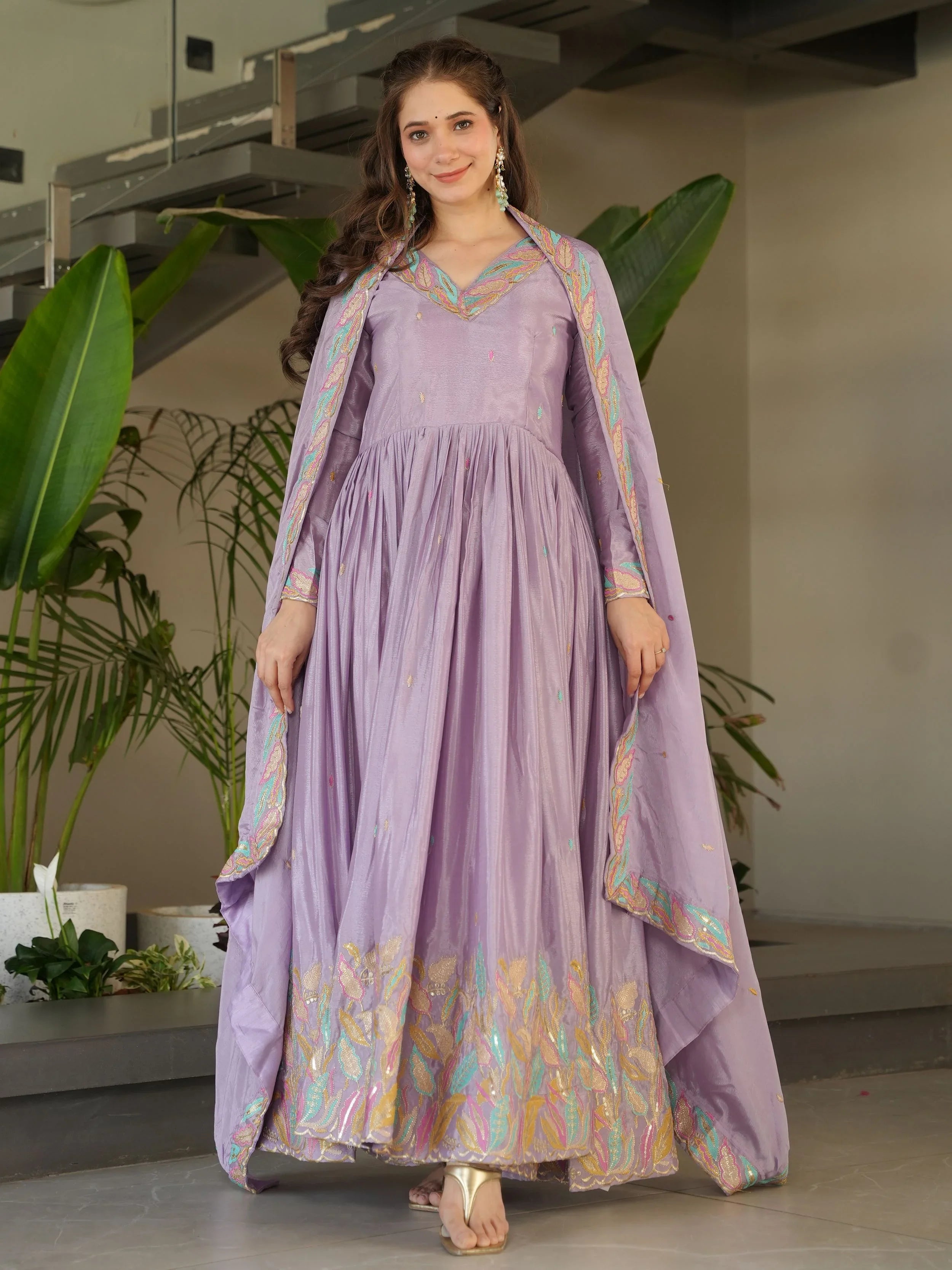 Lavender Chinnon Sequins and Multi Thread Embroidered Gown with Dupatta