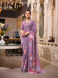 Lavender Georgette Printed Saree with Pearl Lace Border – Elegant Lightweight Saree for Festive & Daily Wear