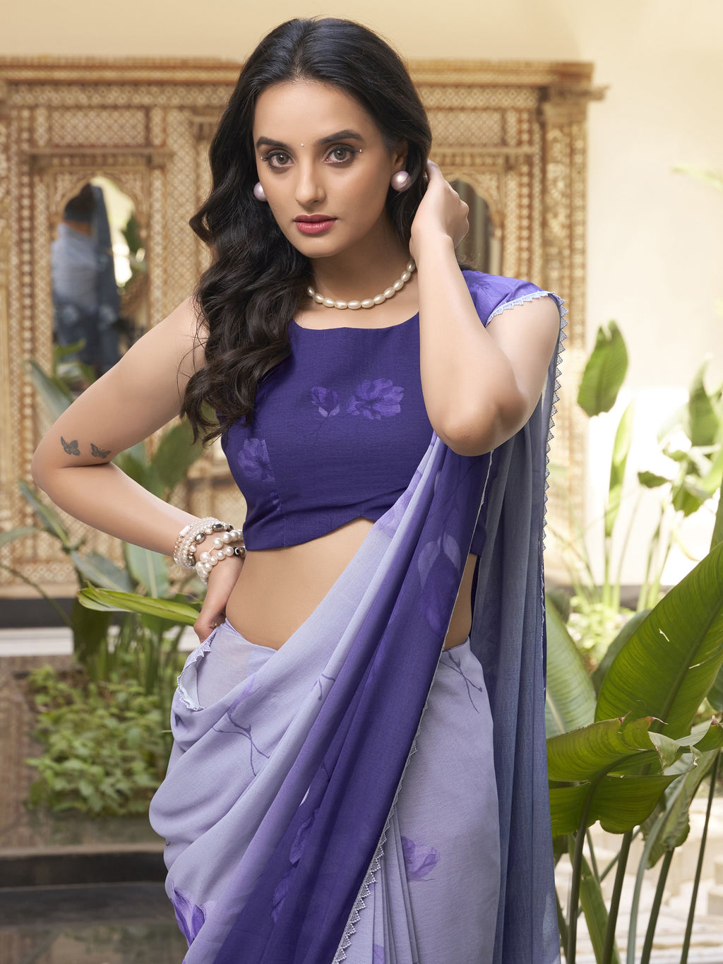 Lavender Ombre Purple Marble Saree with Floral Print & Lace Border