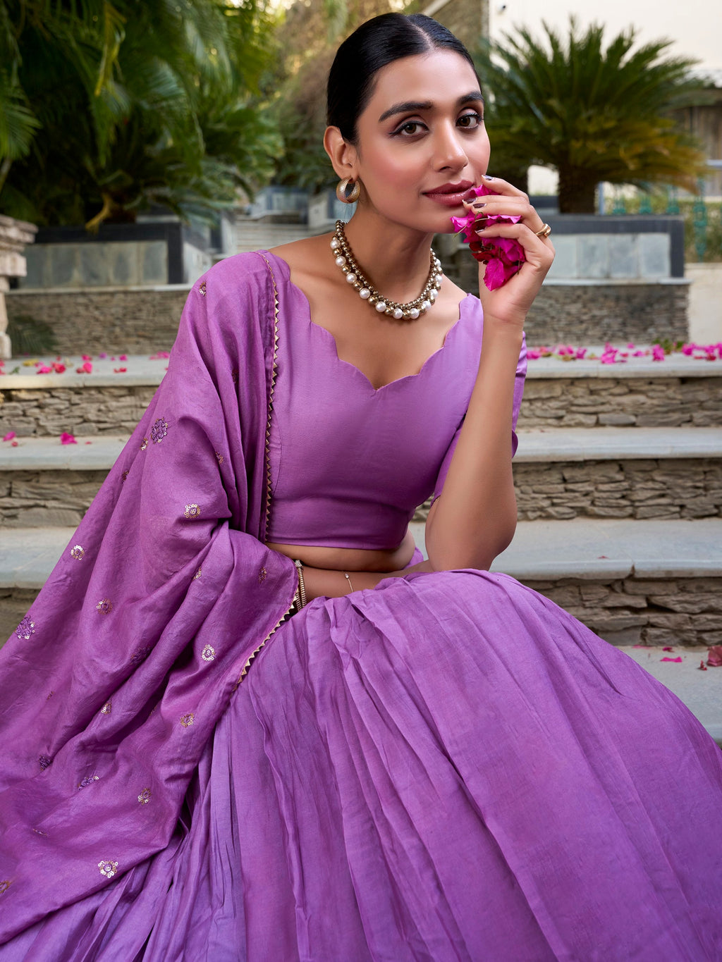 Lavender Pure Chanderi Plain Zari Weaving Lehenga Choli