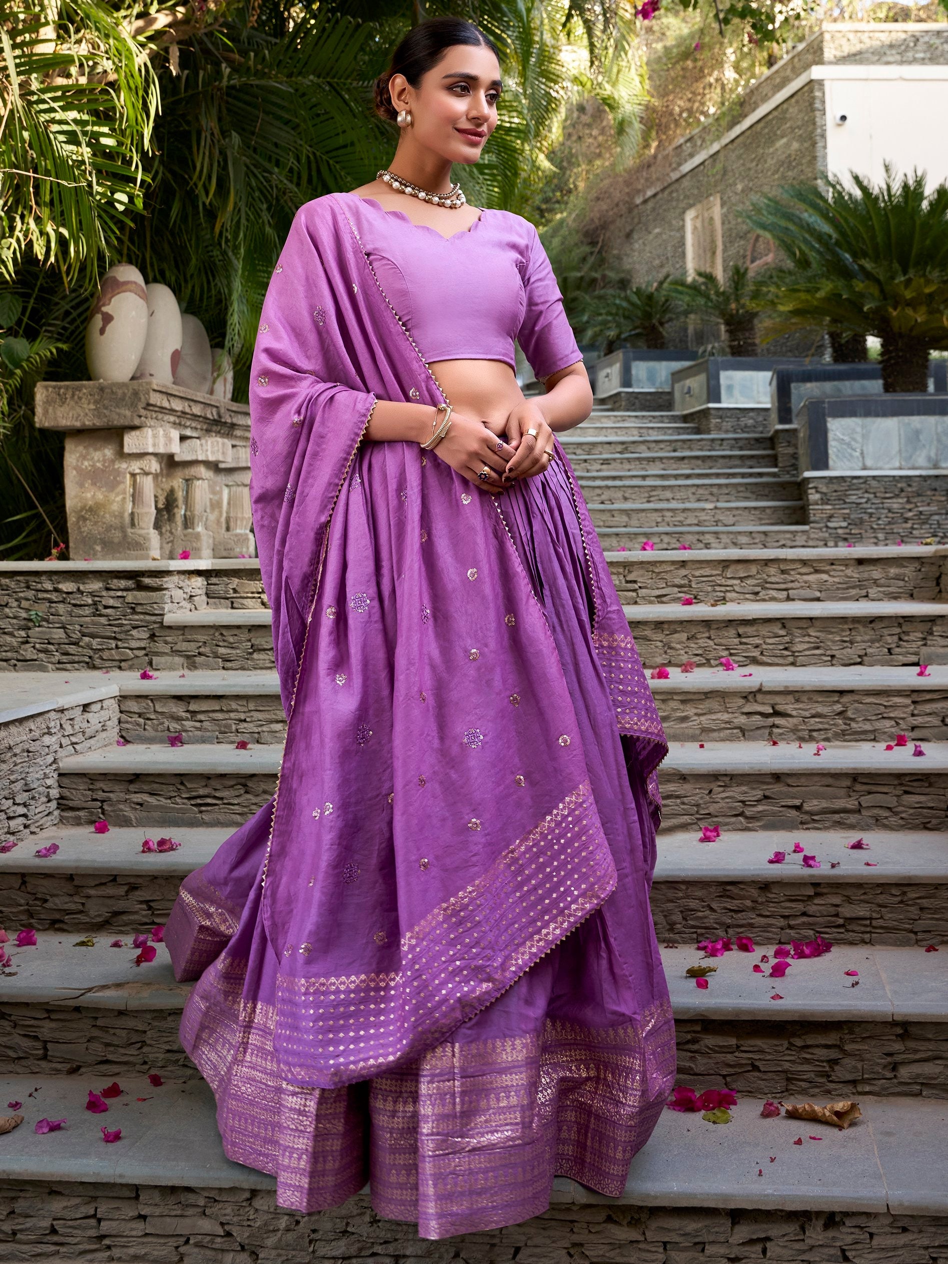 Lavender Pure Chanderi Plain Zari Weaving Lehenga Choli