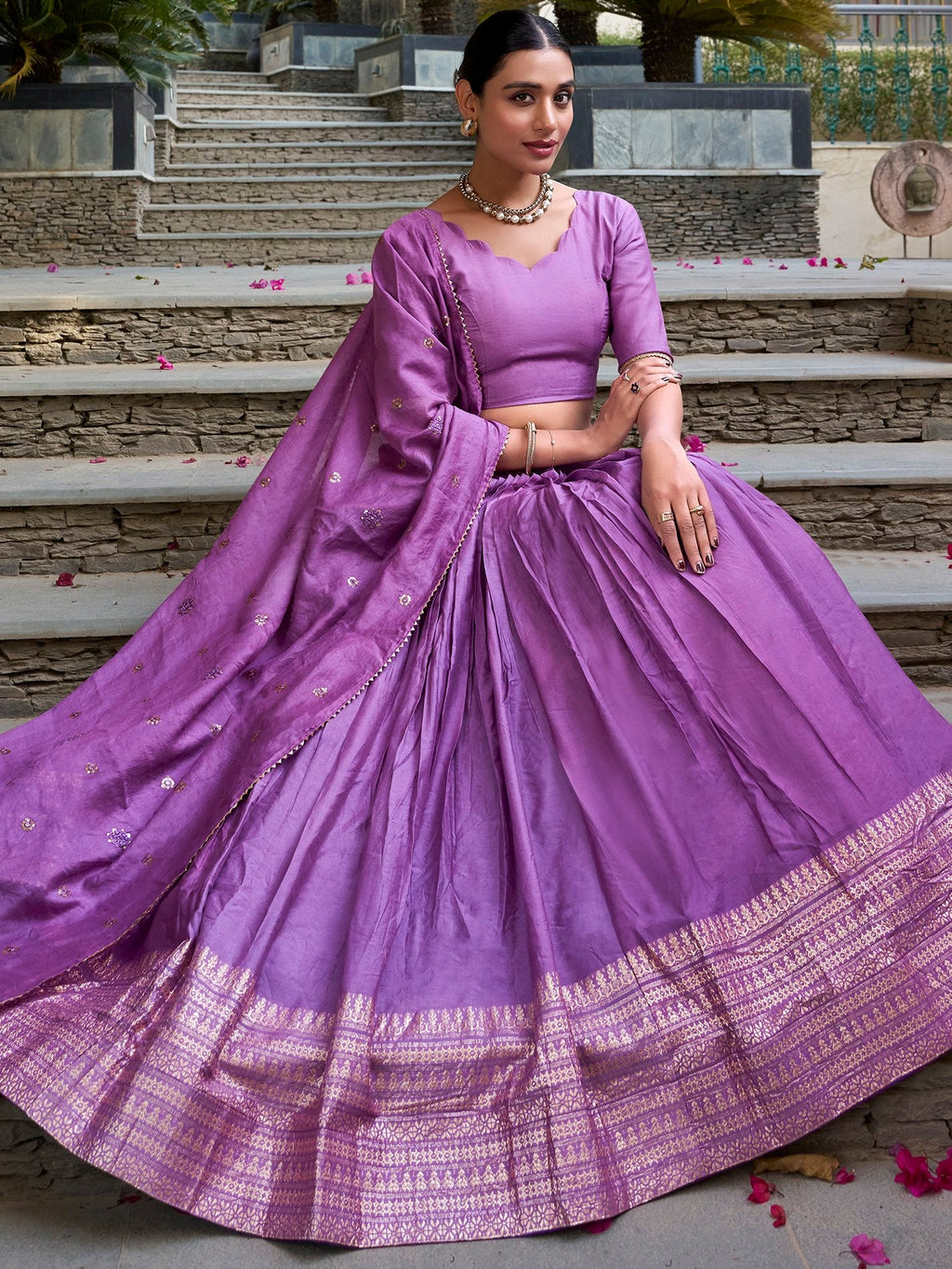 Lavender Pure Chanderi Plain Zari Weaving Lehenga Choli