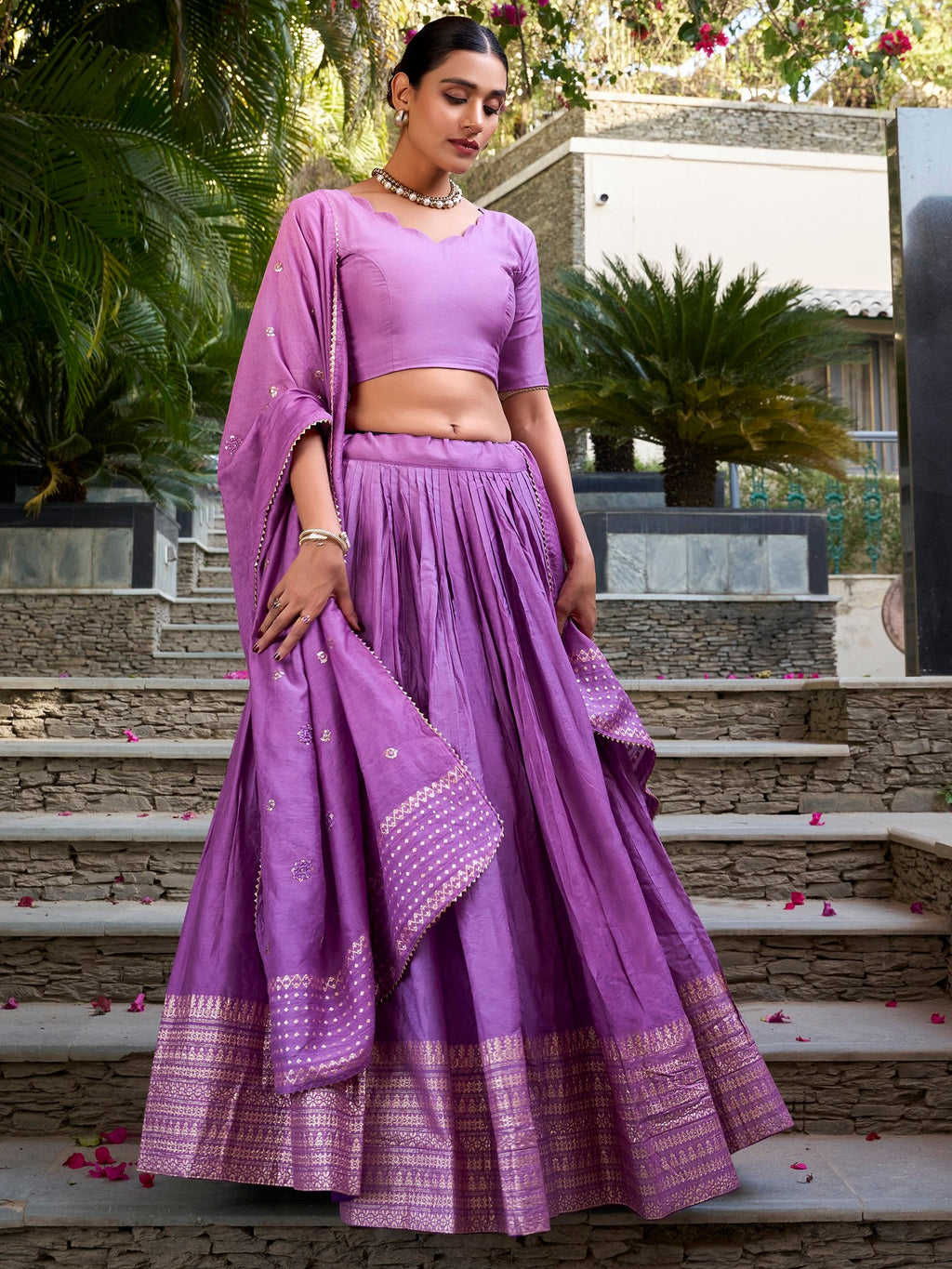 Lavender Pure Chanderi Plain Zari Weaving Lehenga Choli