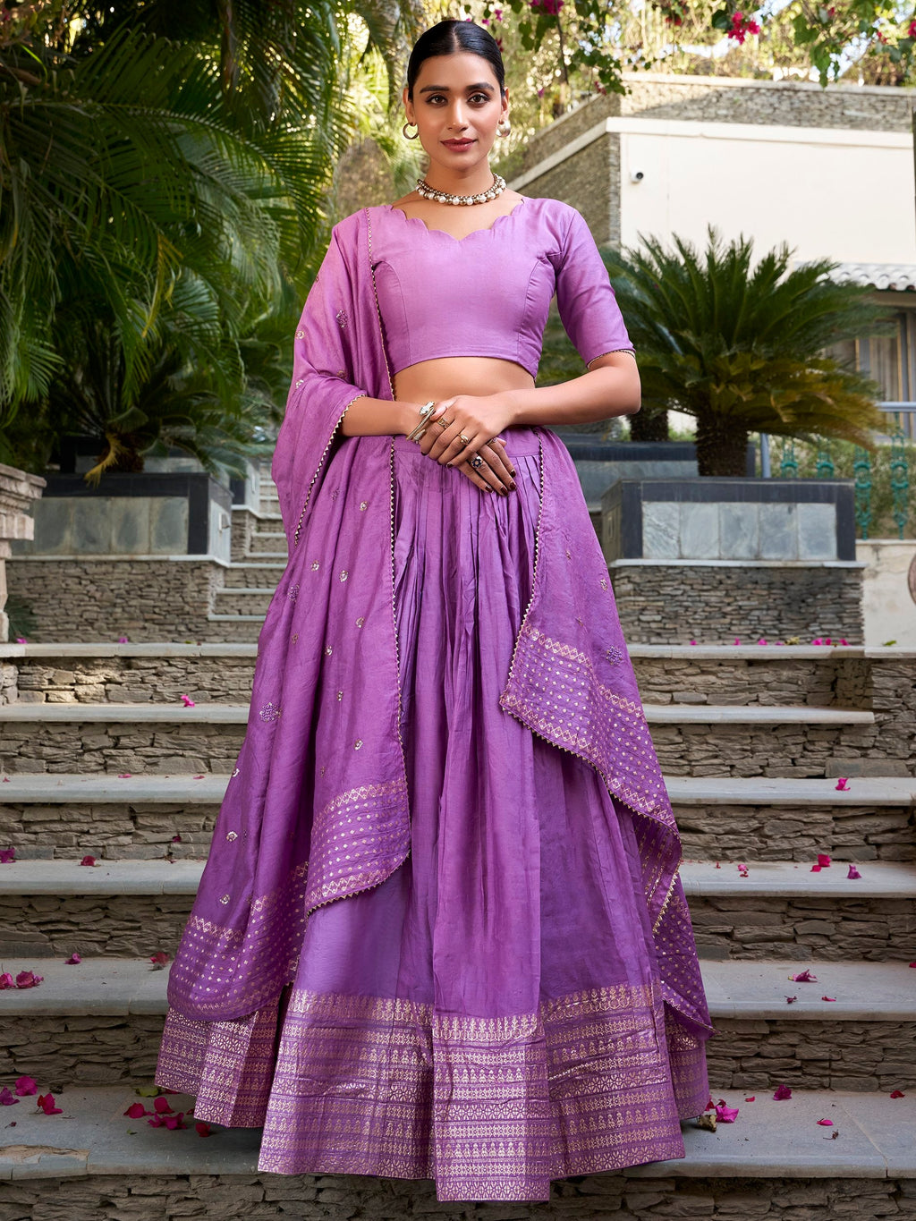 Lavender Pure Chanderi Plain Zari Weaving Lehenga Choli