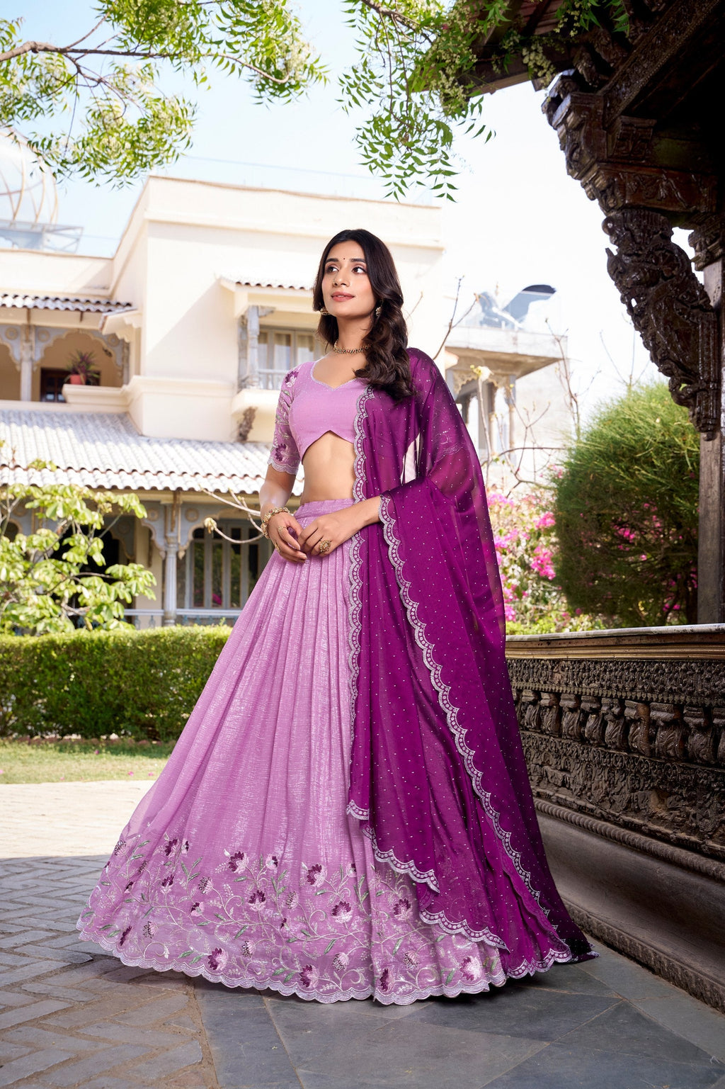 Lavender Silver Glossy Embroidered with Hotfix Work Lehenga Choli
