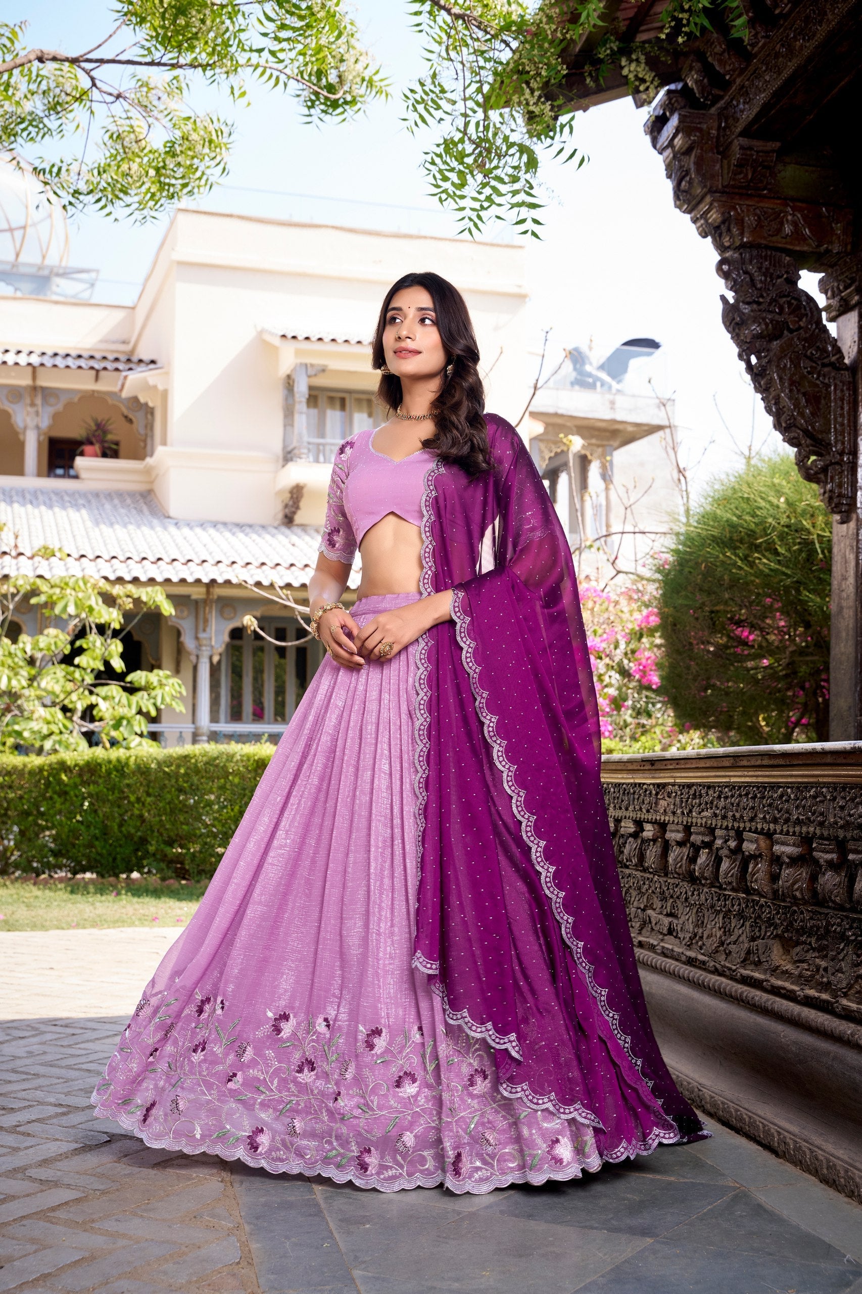 Lavender Silver Glossy Embroidered with Hotfix Work Lehenga Choli