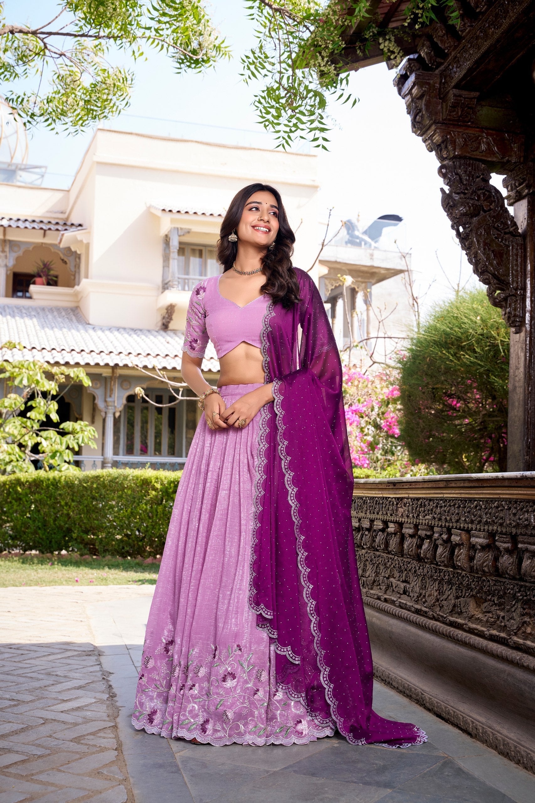 Lavender Silver Glossy Embroidered with Hotfix Work Lehenga Choli