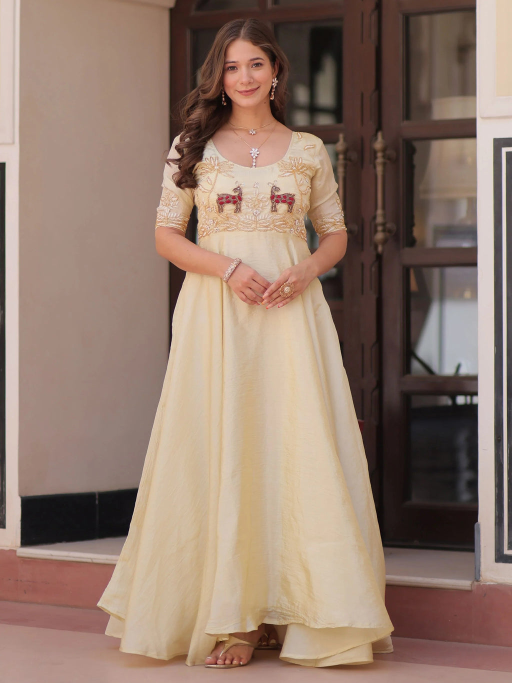 Light Yellow Gold Crush Beads Embroidered Umbrella Flair Gown