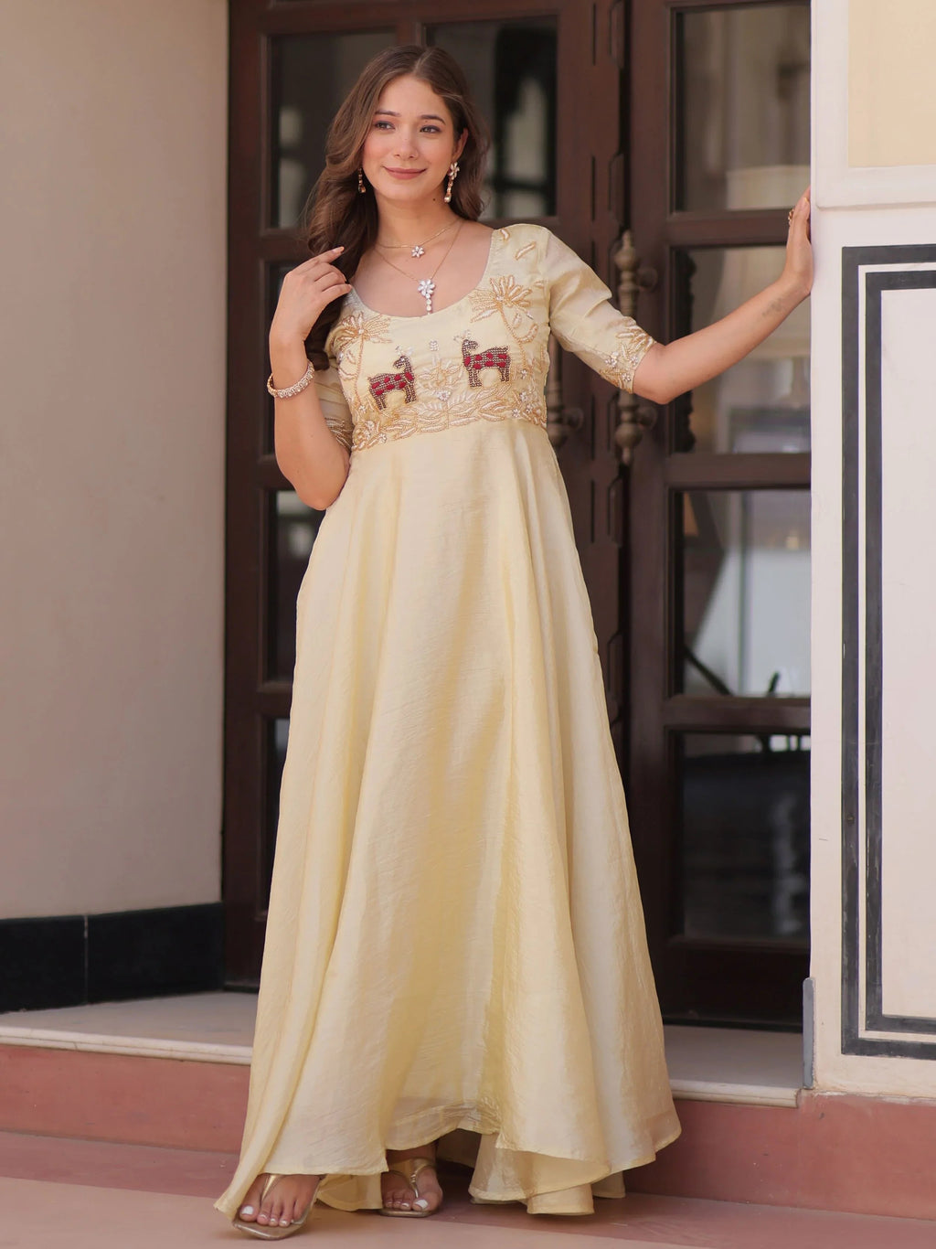 Light Yellow Gold Crush Beads Embroidered Umbrella Flair Gown