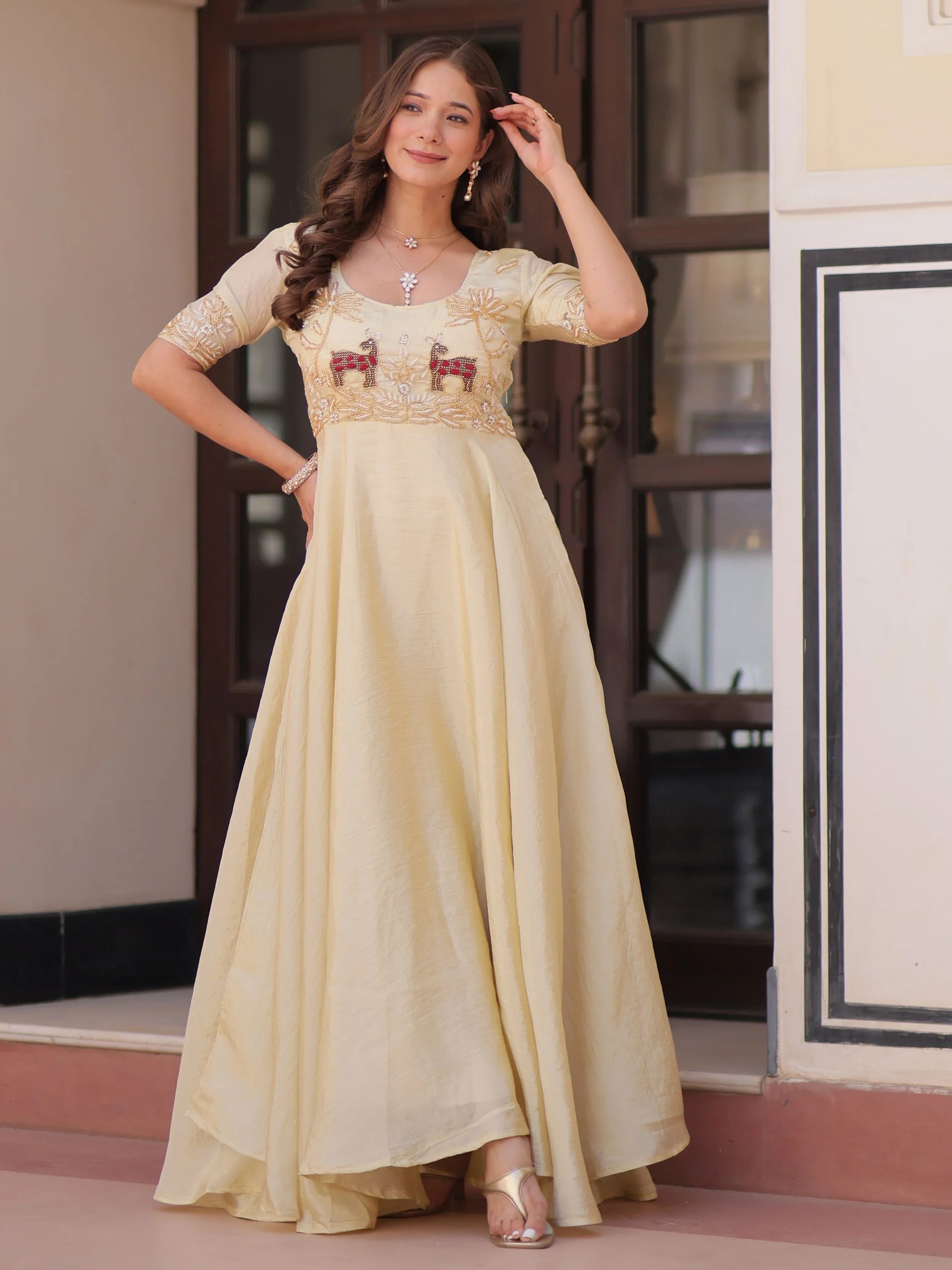 Light Yellow Gold Crush Beads Embroidered Umbrella Flair Gown