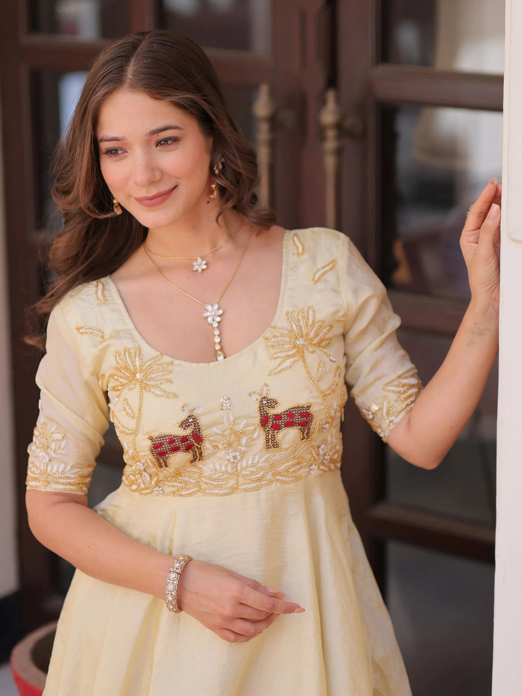 Light Yellow Gold Crush Beads Embroidered Umbrella Flair Gown