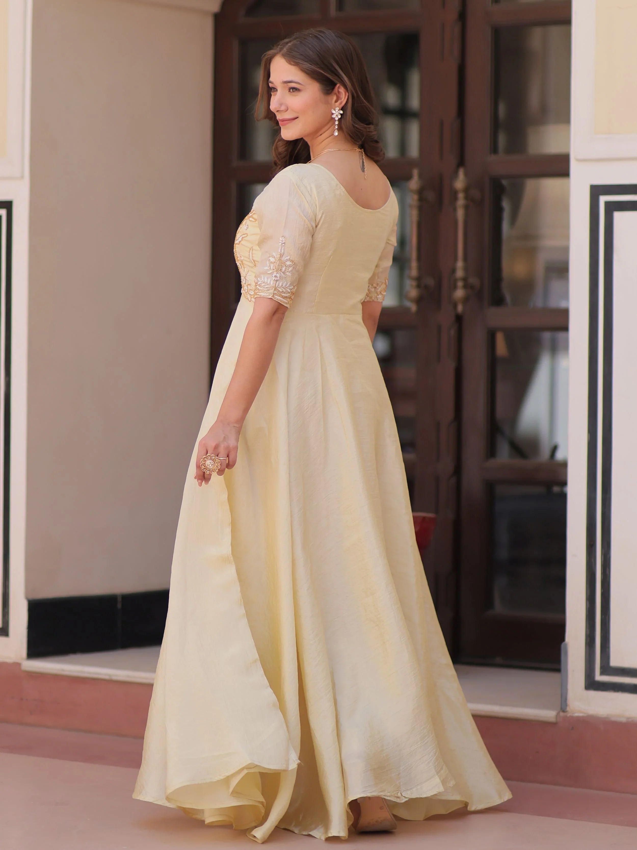 Light Yellow Gold Crush Beads Embroidered Umbrella Flair Gown