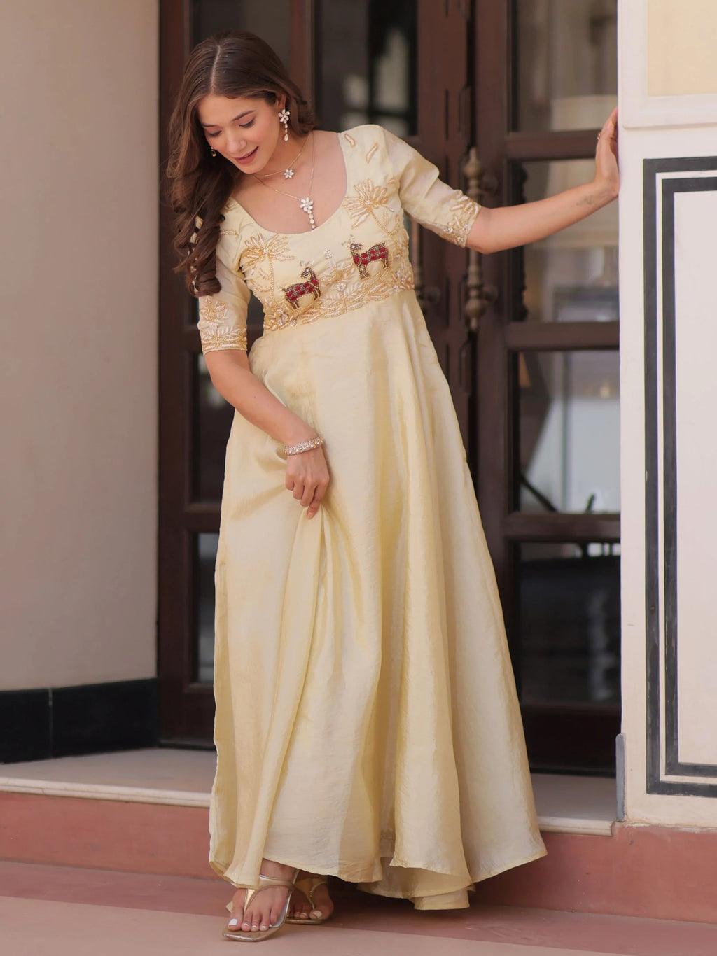 Light Yellow Gold Crush Beads Embroidered Umbrella Flair Gown