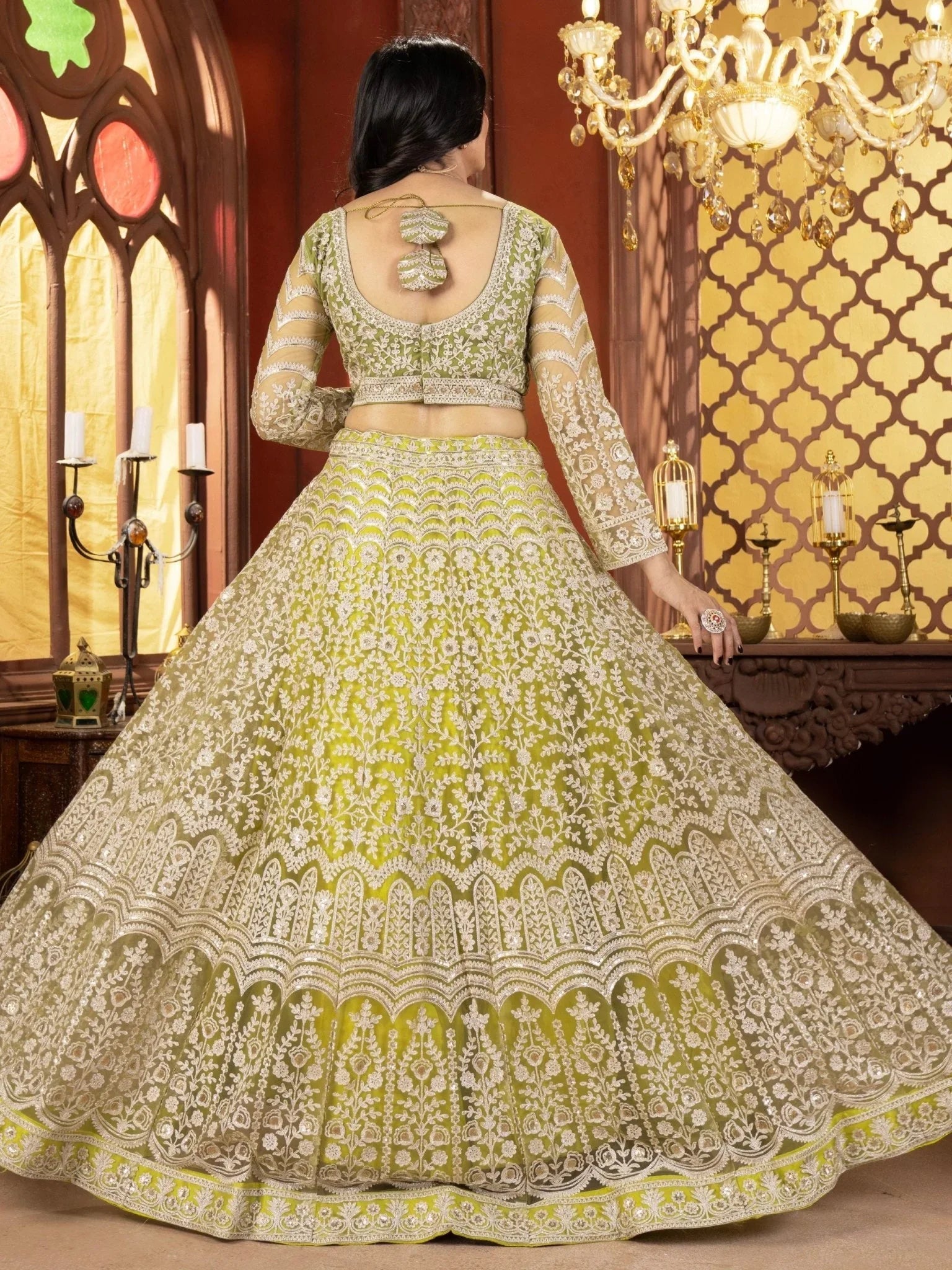 Lime green net embroidered sequins work lehenga choli with dupatta
