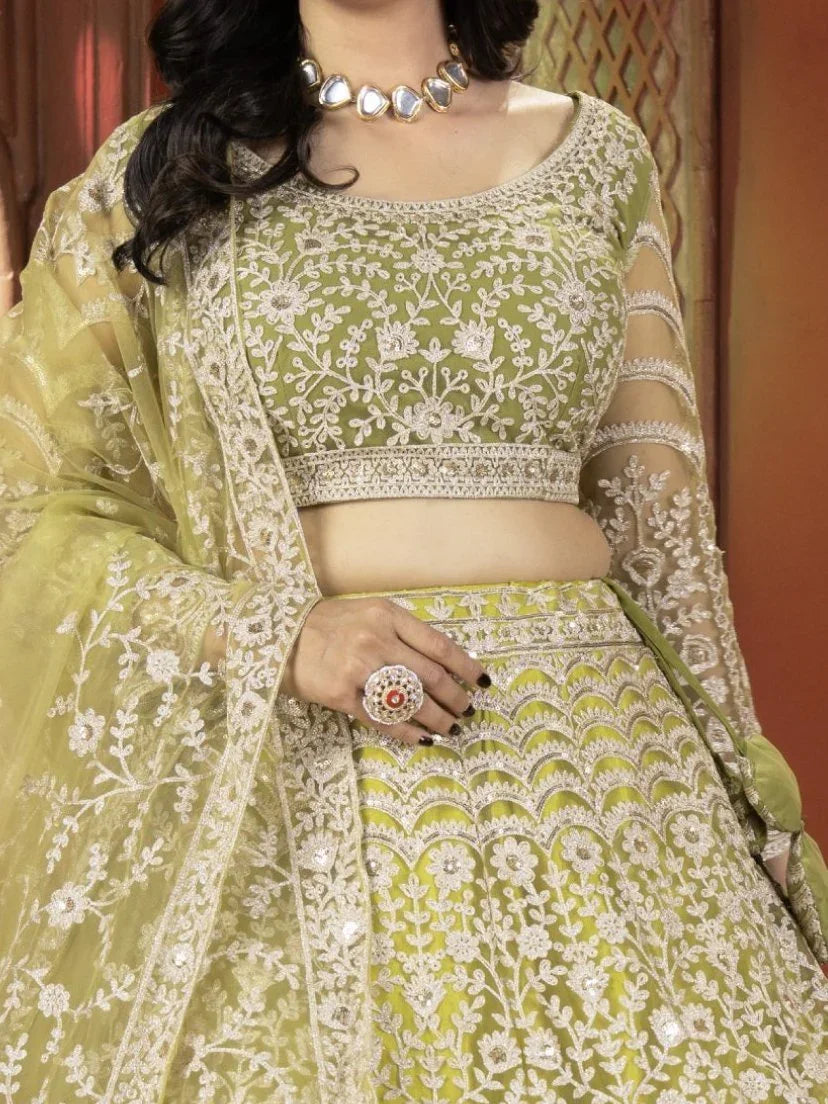 Lime green net embroidered sequins work lehenga choli with dupatta